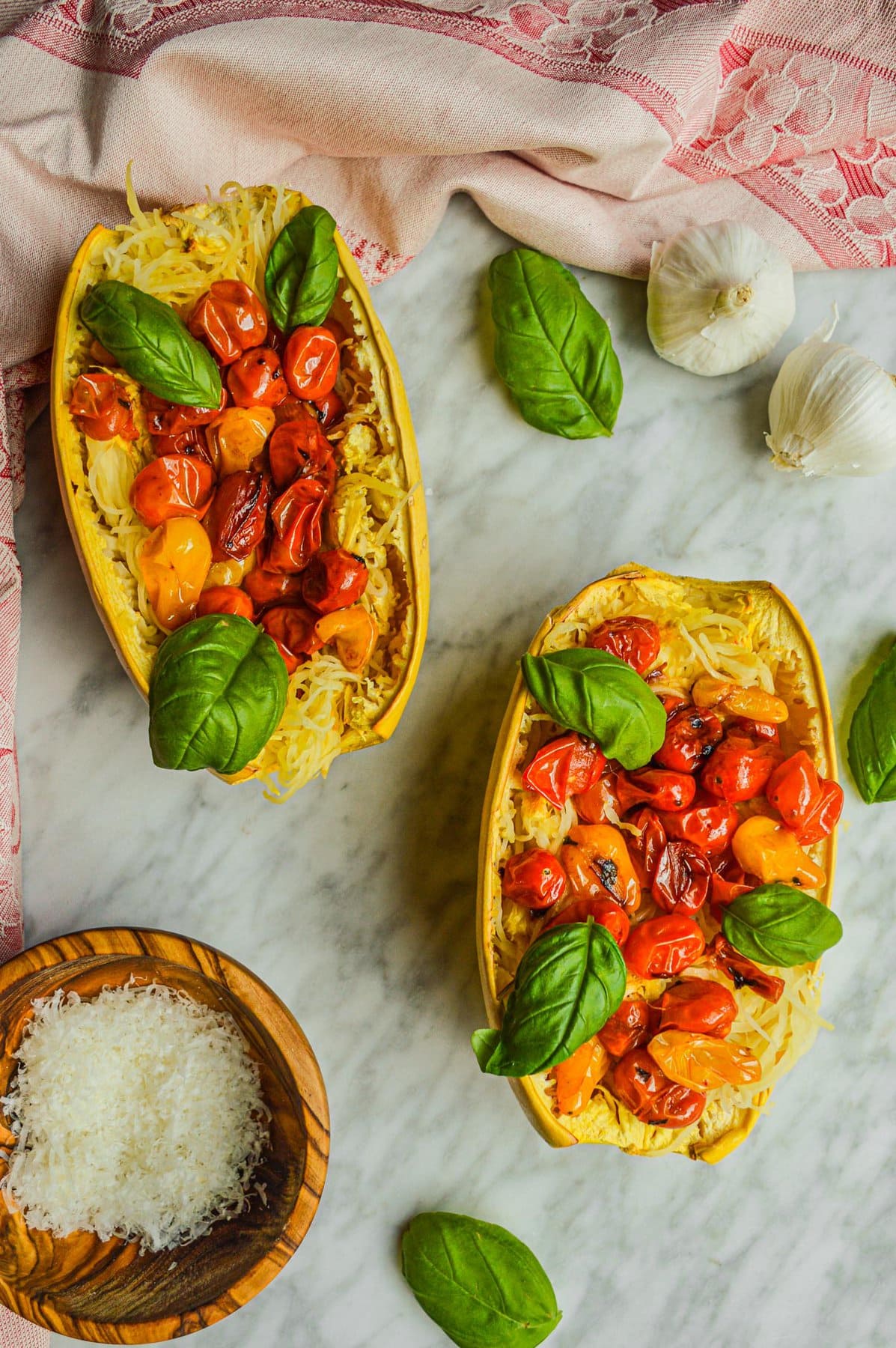 Vegan, gluten-free spaghetti squash with a homemade cherry tomato sauce on top.