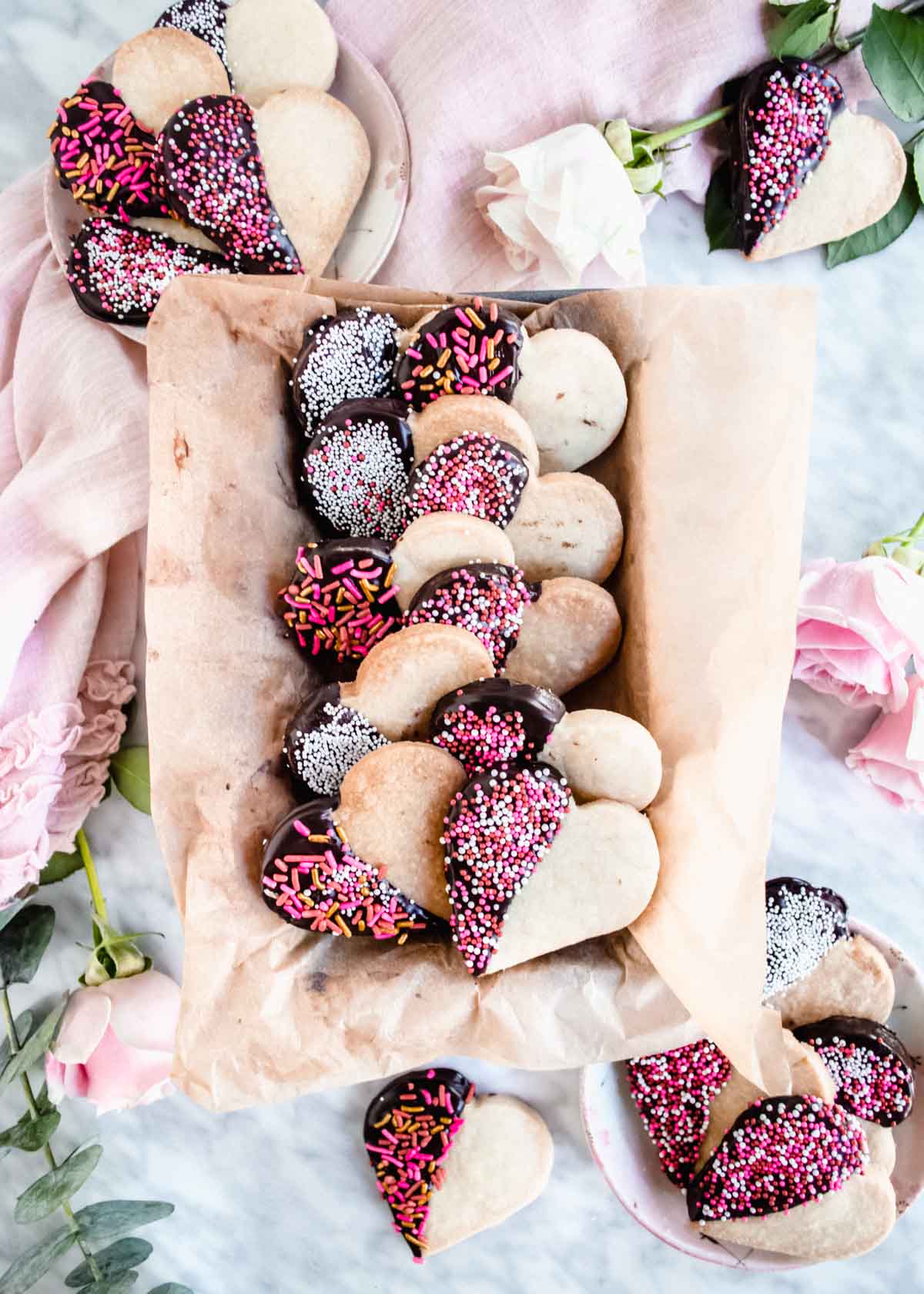 Chocolate-Dipped Shortbread Cookies in box flatlay.