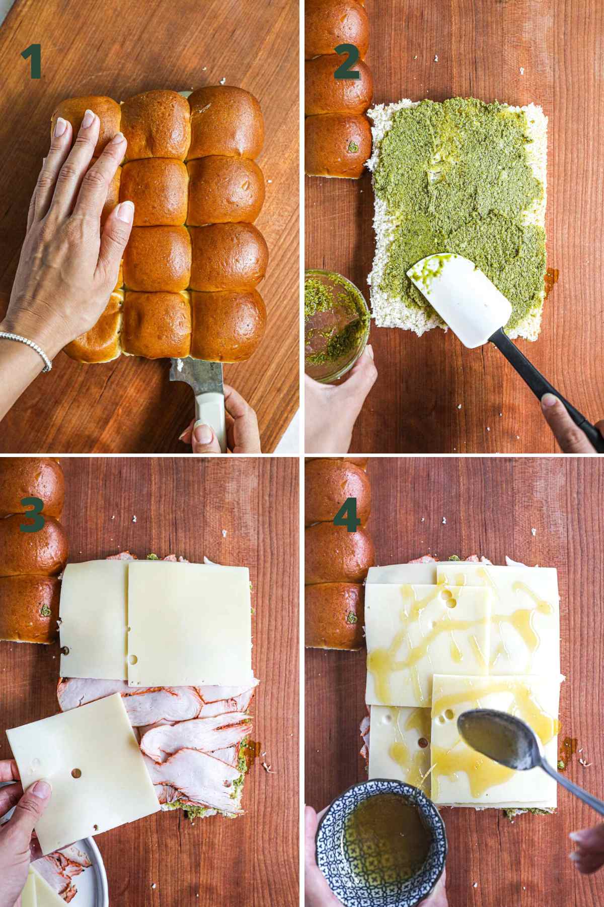 Steps to make Hawaiian roll turkey pesto sliders, including slicing the rolls, including slicing the bread, spreading the pesto, layering the turkey and cheese, and drizzling the honey on top.