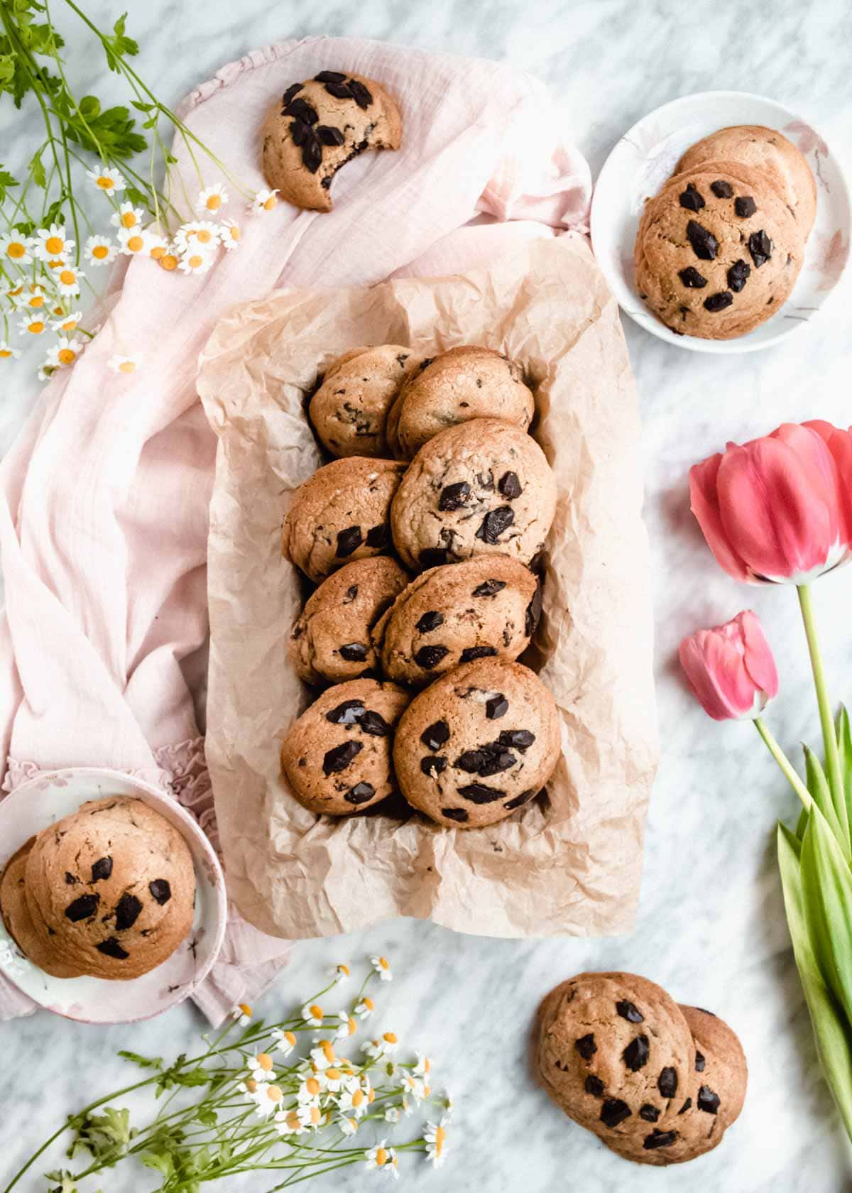 Chocolate Chip Cookies in serving bowl flatlay.