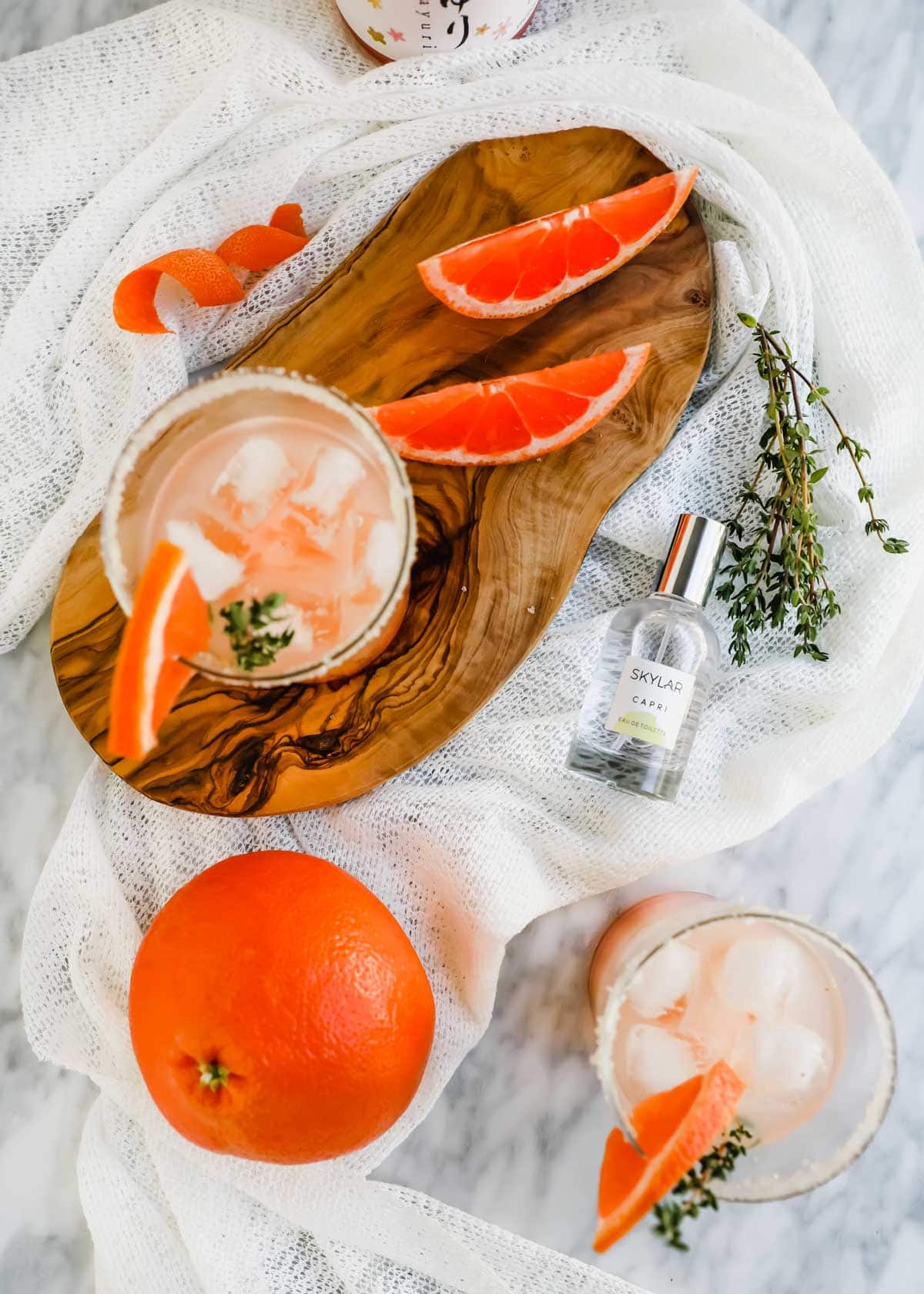 Grapefruit Honey Sake Cocktails flatlay.
