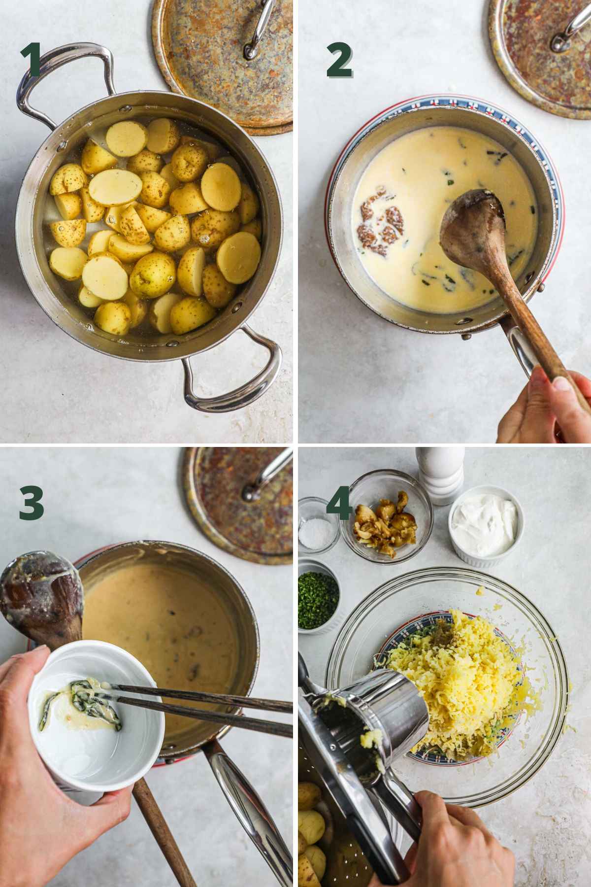 Steps to make miso mashed potatoes, boil potatoes; cook heavy cream, miso paste, garlic sage leaves in saucepan; remove sage leaves; rice or mash potatoes.