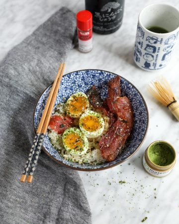 oven-baked bacon jammy eggs japanese rice bowl
