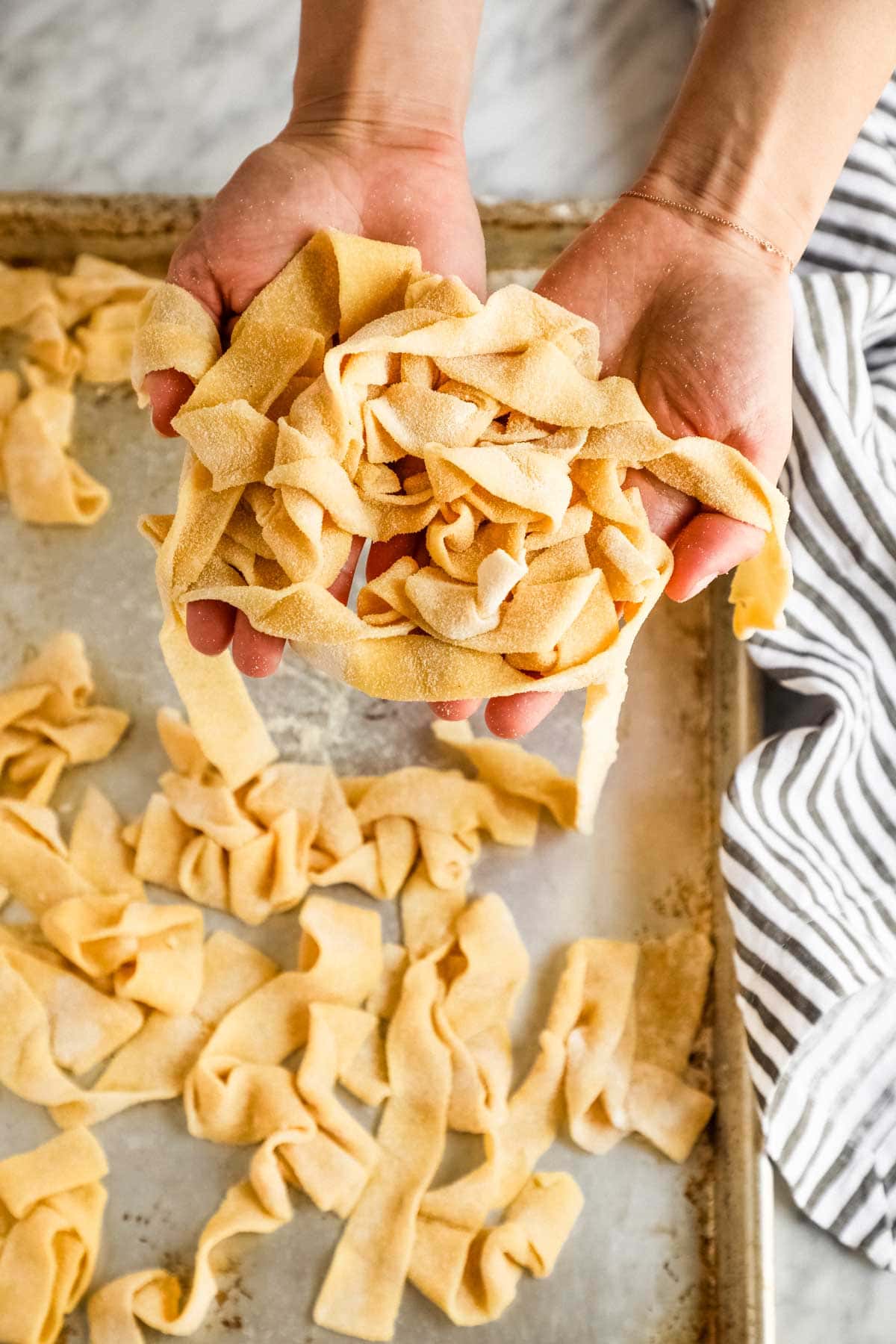 Hands holding homemade pappardelle.