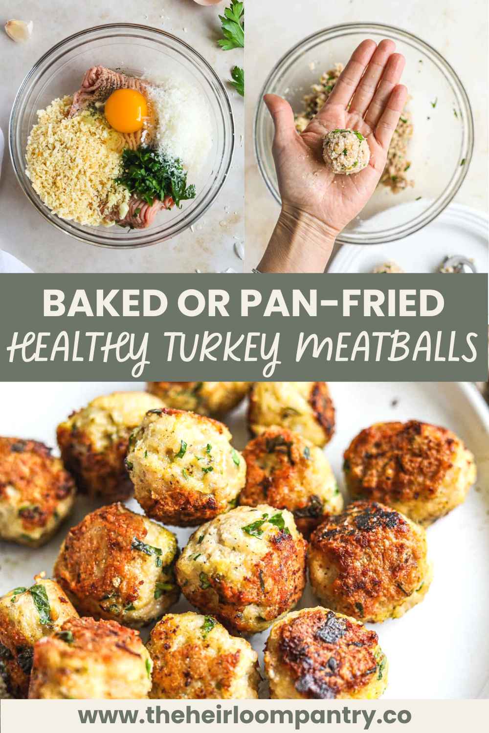 Baked or pan-friend healthy turkey meatballs Pinterest pin.