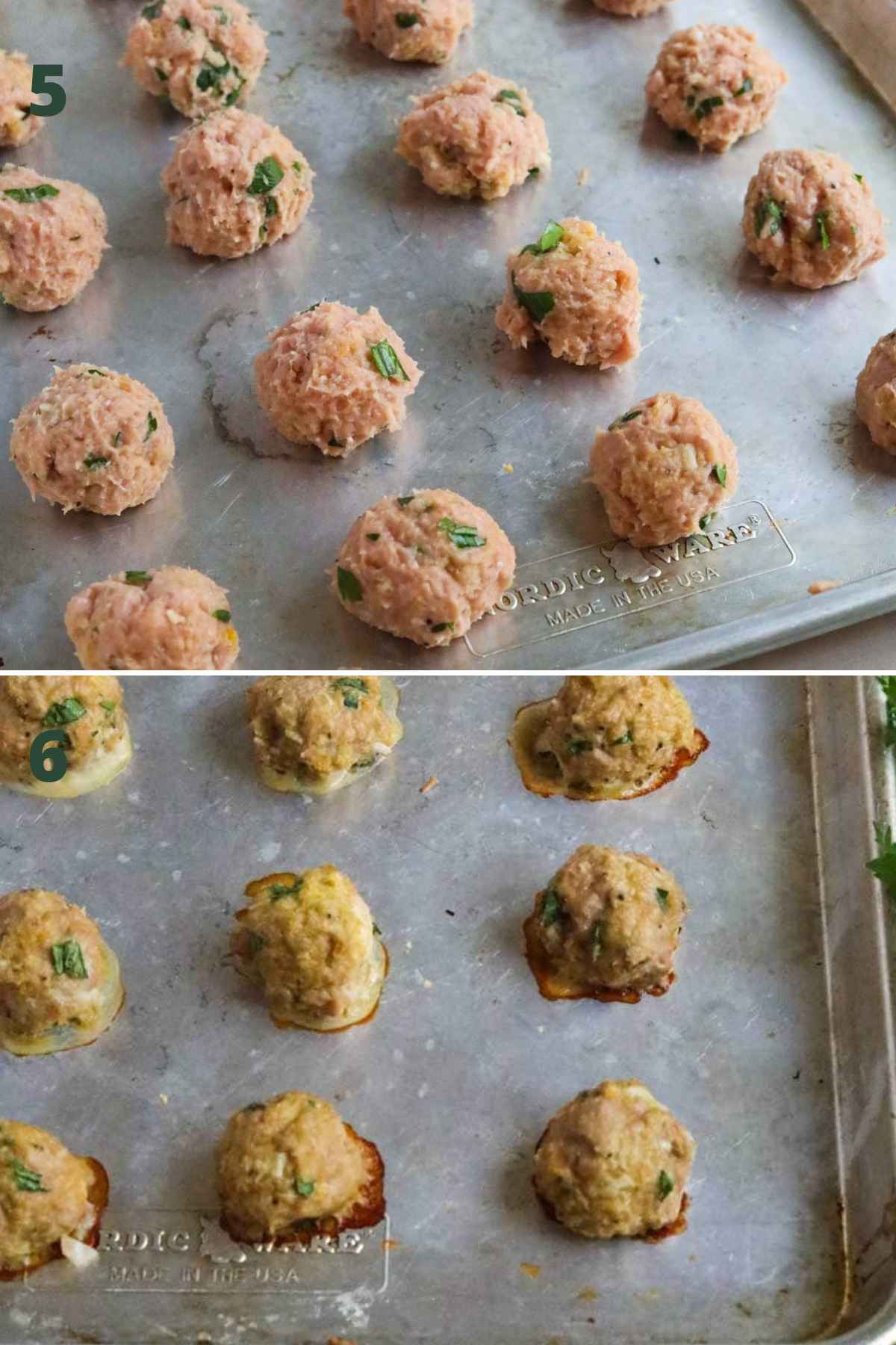 Steps to make healthy baked turkey meatballs, adding meatballs to a baking sheet and baking.