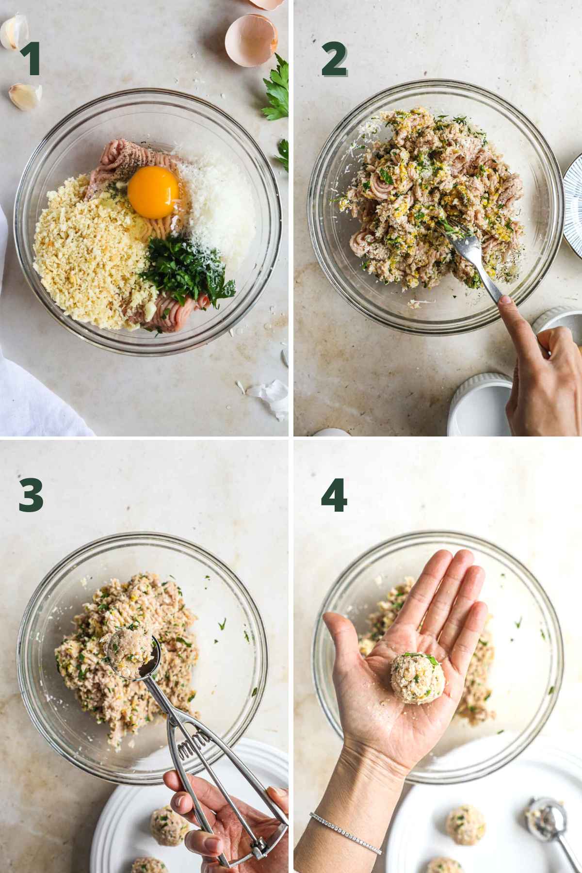 Steps to make healthy baked turkey meatballs, mixing turkey, egg, panko, garlic, and herbs in a bowl and forming into meatballs.