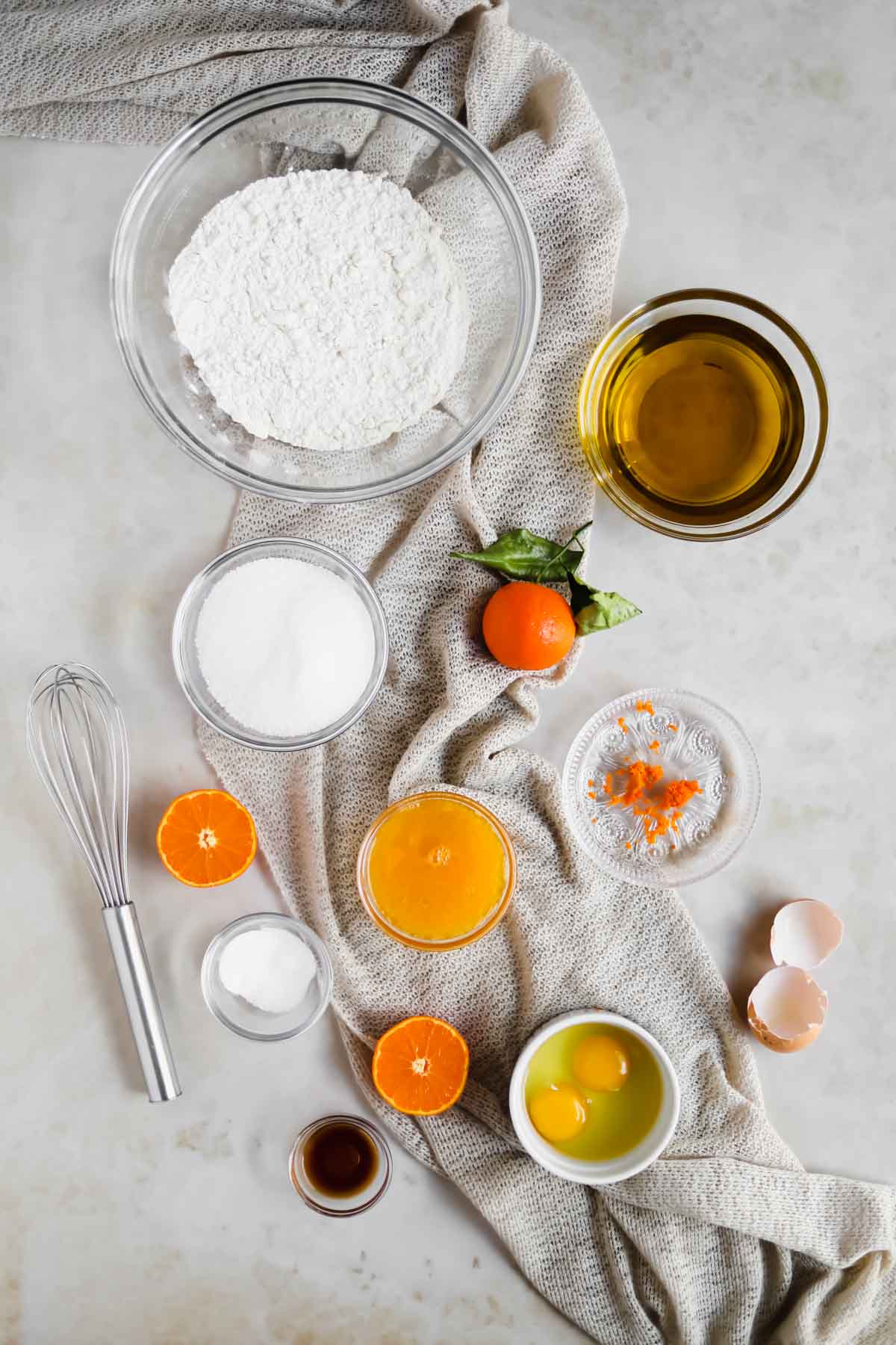 Dairy Free Clementine Olive Oil Cake Ingredients in Glass Bowls.