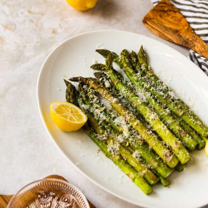 Roasted Asparagus with Parmesan and Lemon on plate.