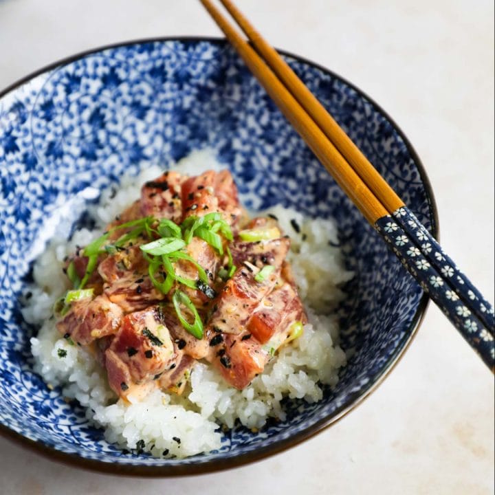 Spicy Ahi Poke over rice in bowl