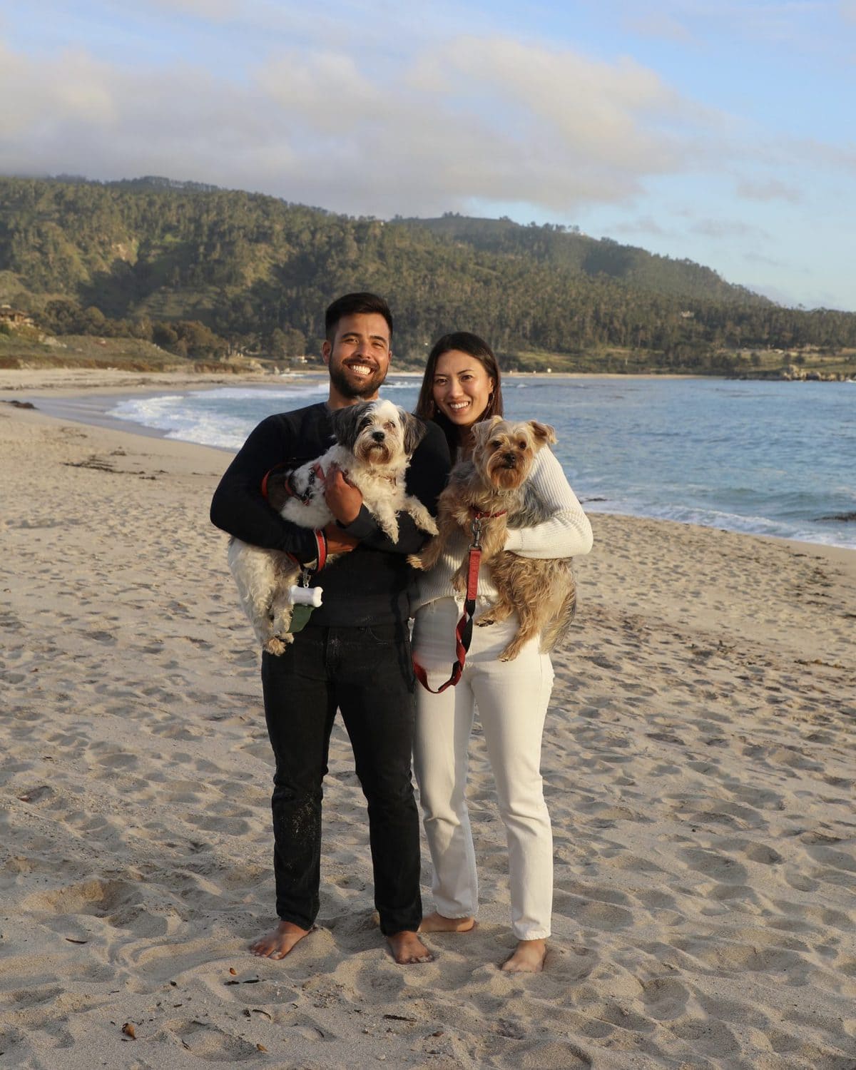 Alec and Kat with Paisley and Peeps on the beach