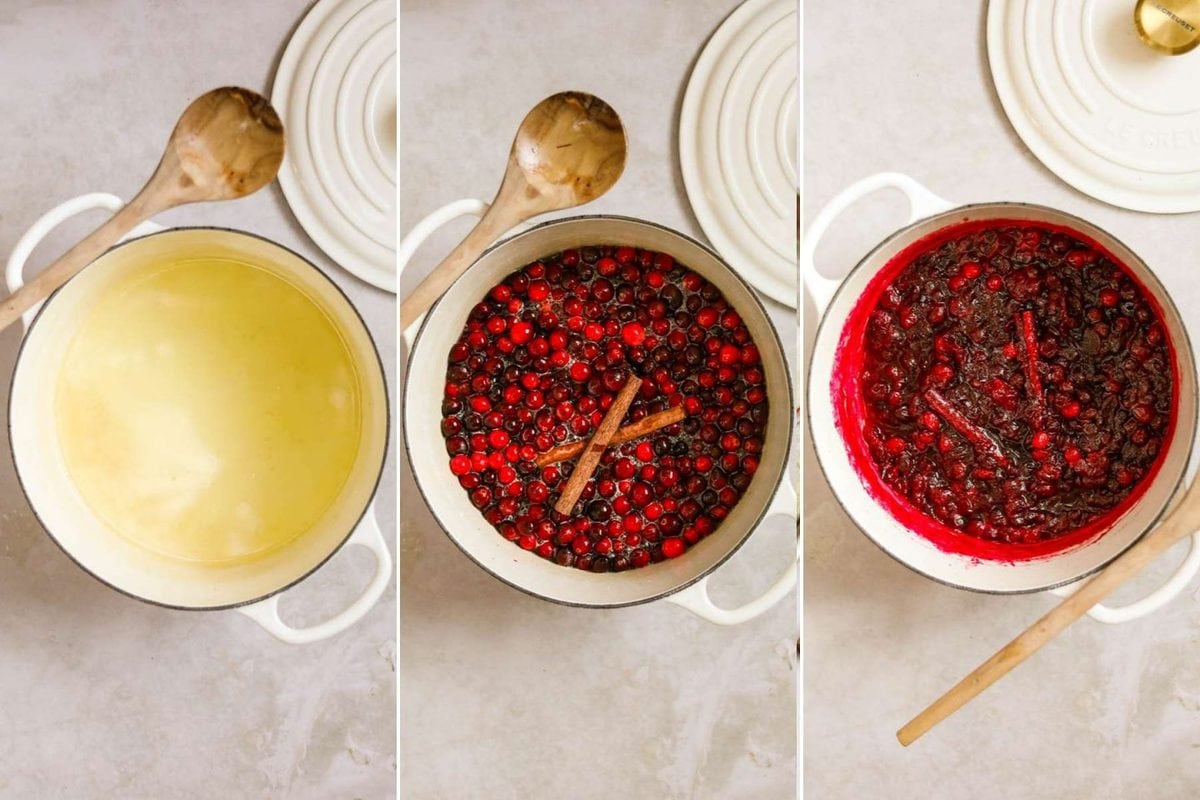 Steps to make cranberry sauce with orange and cinnamon sticks: water and juice with sugar in a pot, cranberries and cinnamon sticks in a pot, and cooked cranberries in a pot.