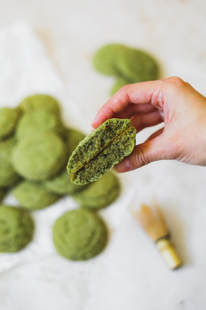 Inside of chewy green matcha cookies.