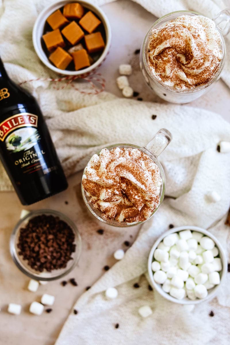 Flatlay image of Baileys hot chocolate in a mug with whipped cream and various toppings, including marshmallows, chocolate chips, and caramels.