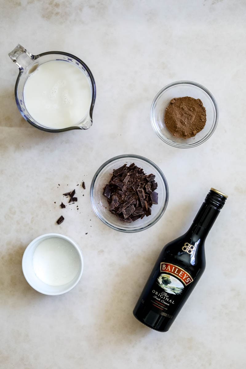 Baileys Hot Chocolate Ingredients, featuring milk or dairy-free alternative milk, chopped chocolate, sugar, cocoa powder, and Baileys Irish cream.