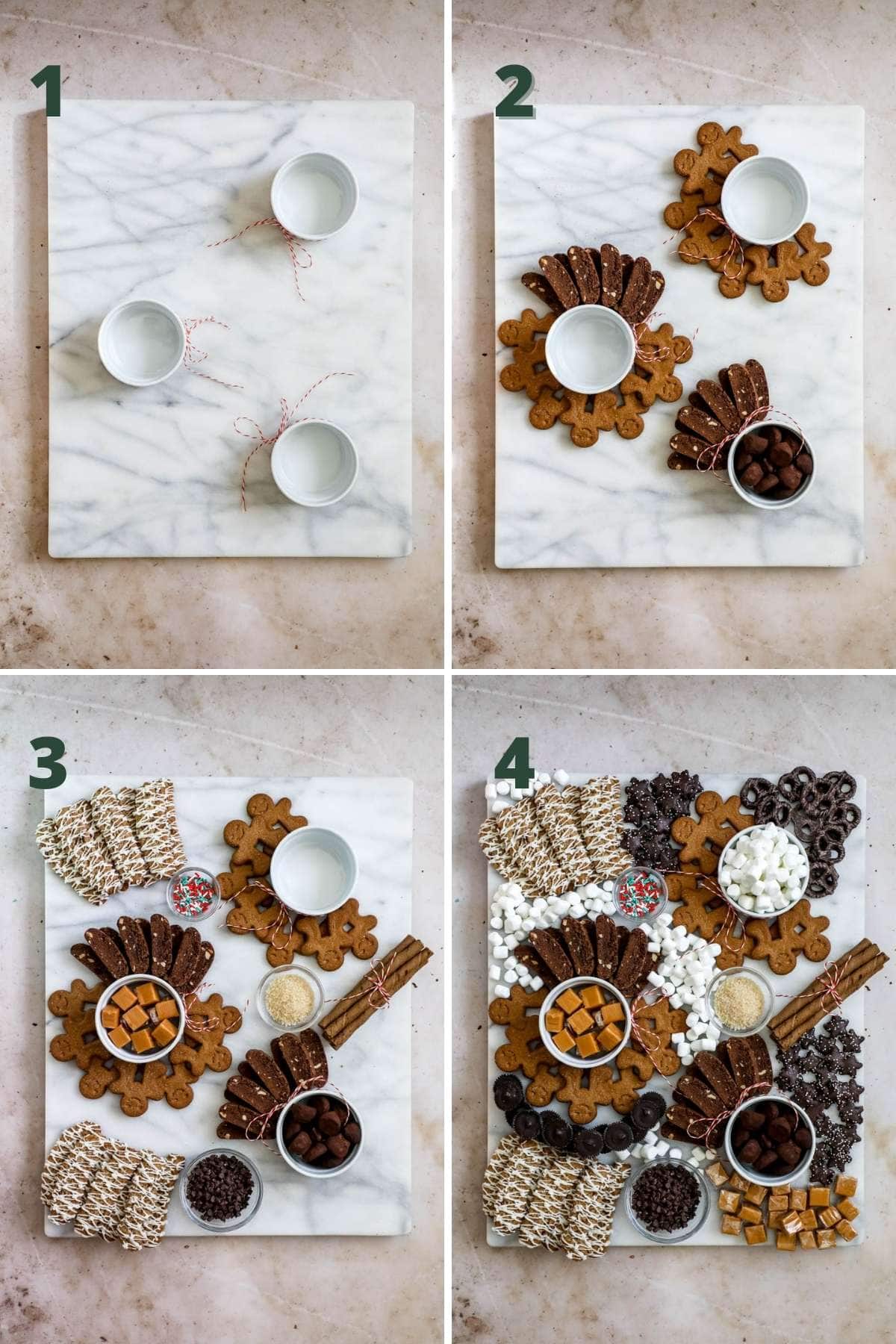 How to Make a Hot Chocolate Bar steps on a marble pastry board.
