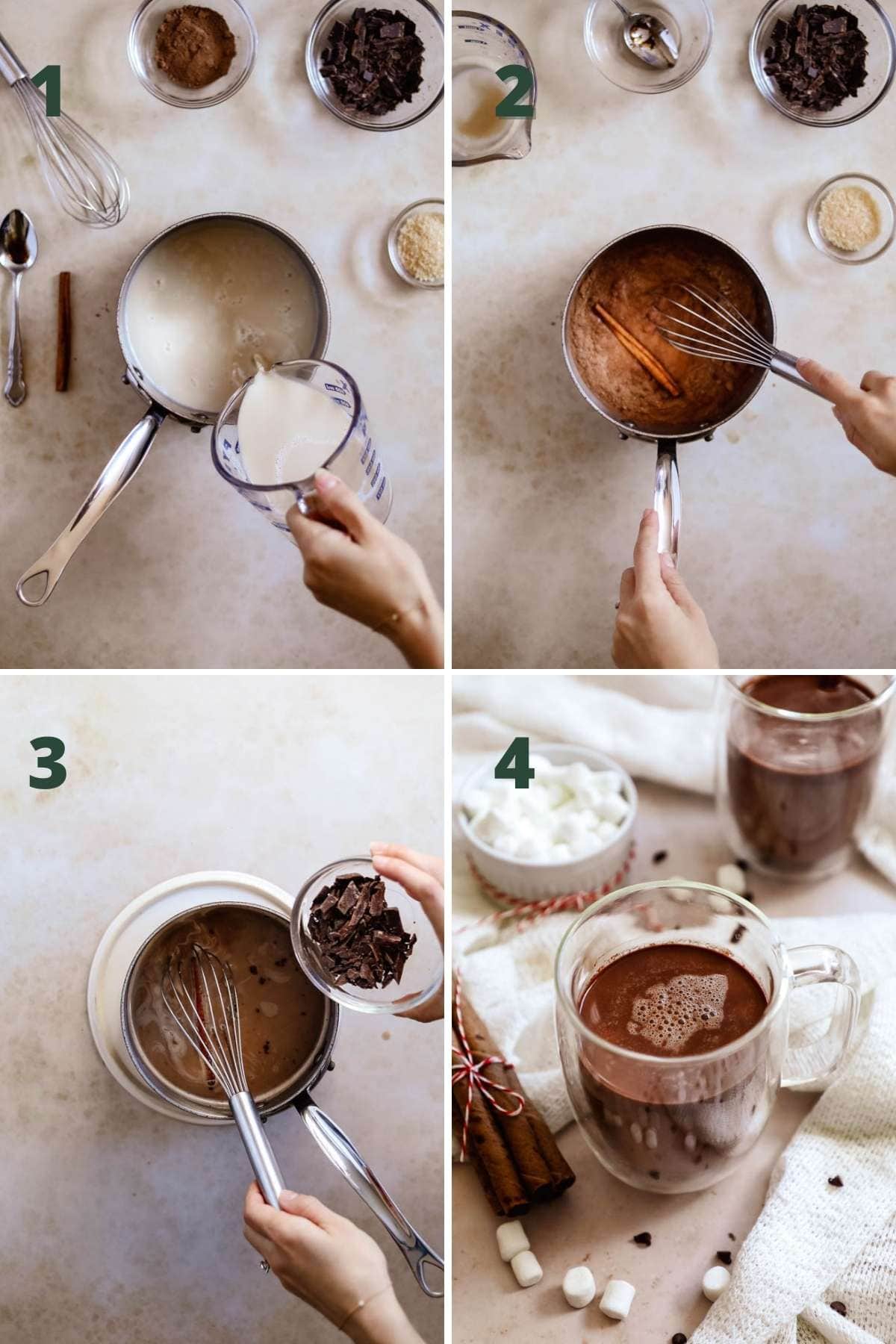 Steps to make oat milk hot chocolate in a saucepan with oat milk, cocoa powder, chocolate, vanilla, and cinnamon served in double-wall glass mugs.
