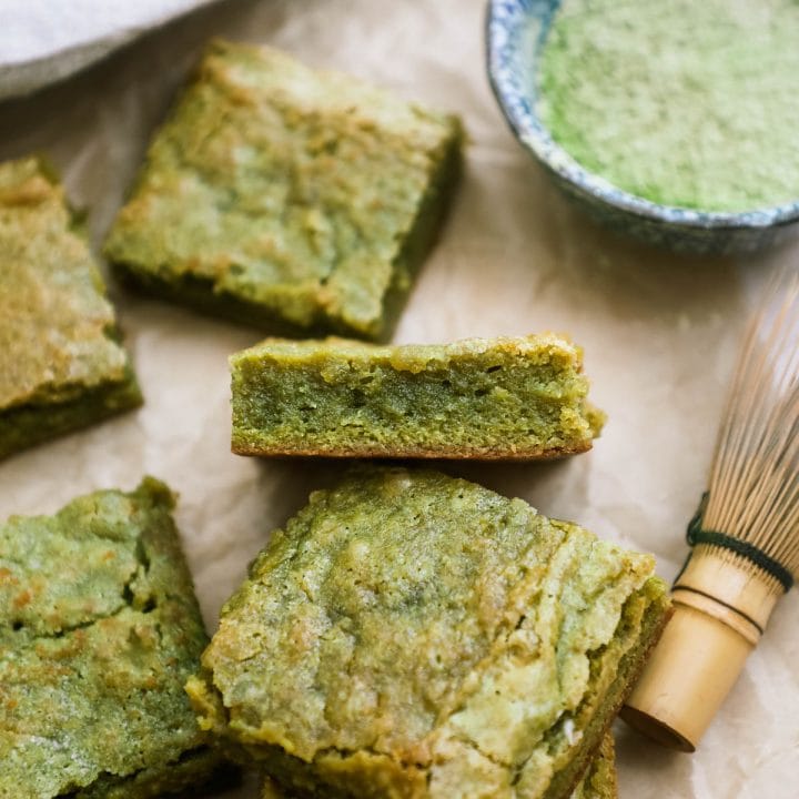 Fudgy green tea matcha brownies with soft and chewy center.