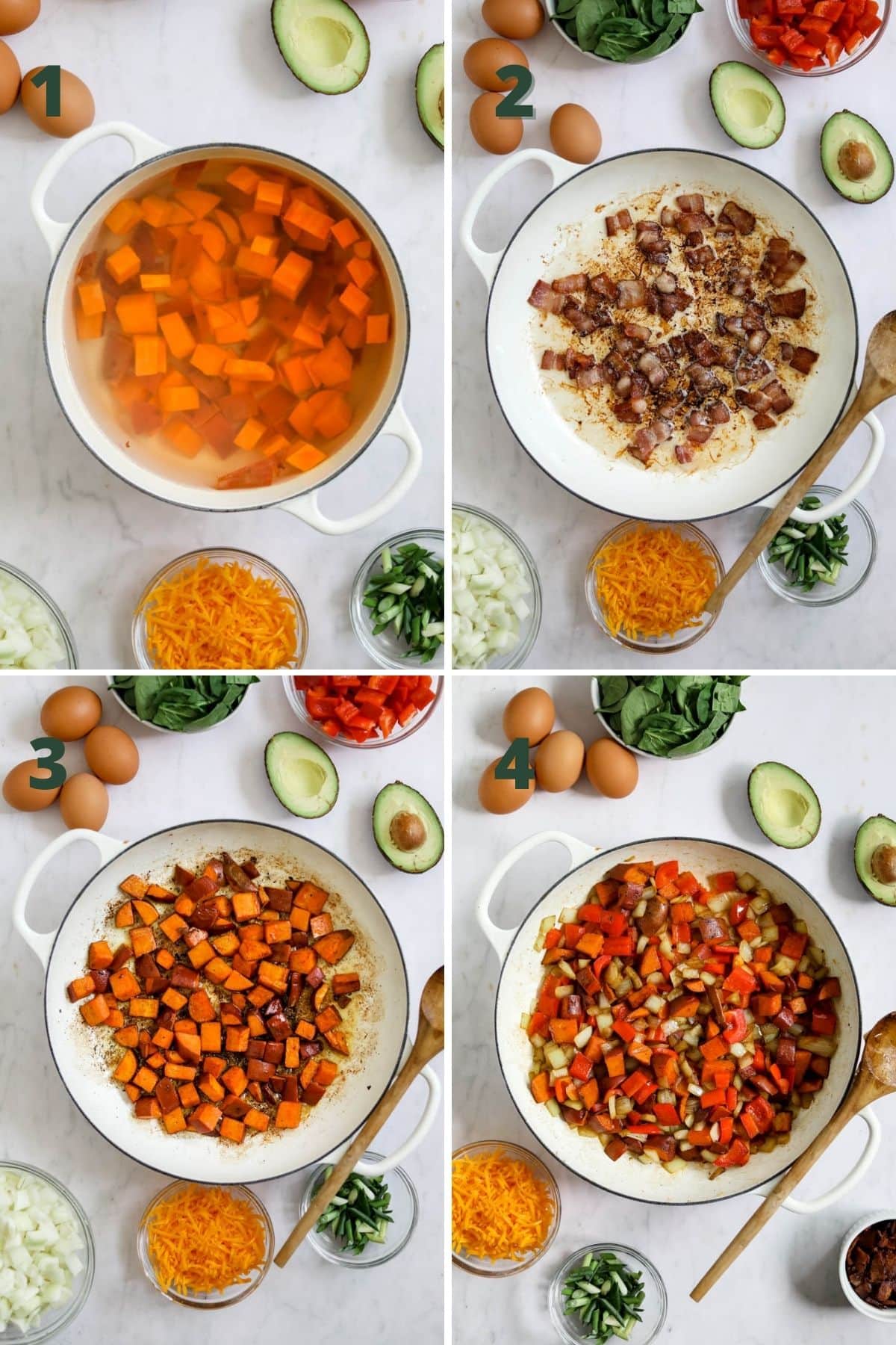 Steps to make Breakfast hash with sweet potatoes. including cooking sweet potato cubes, bacon, onions, and bell pepper.