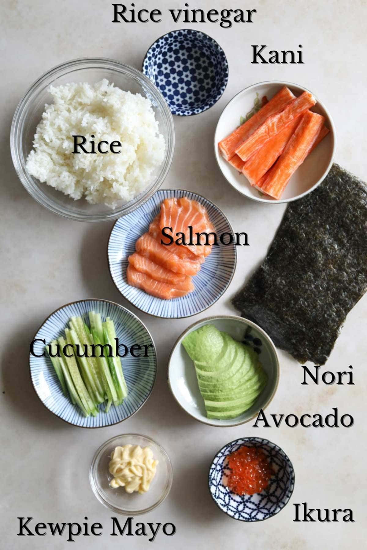 Ingredients to make an Alaska sushi roll with salmon and Ikura.