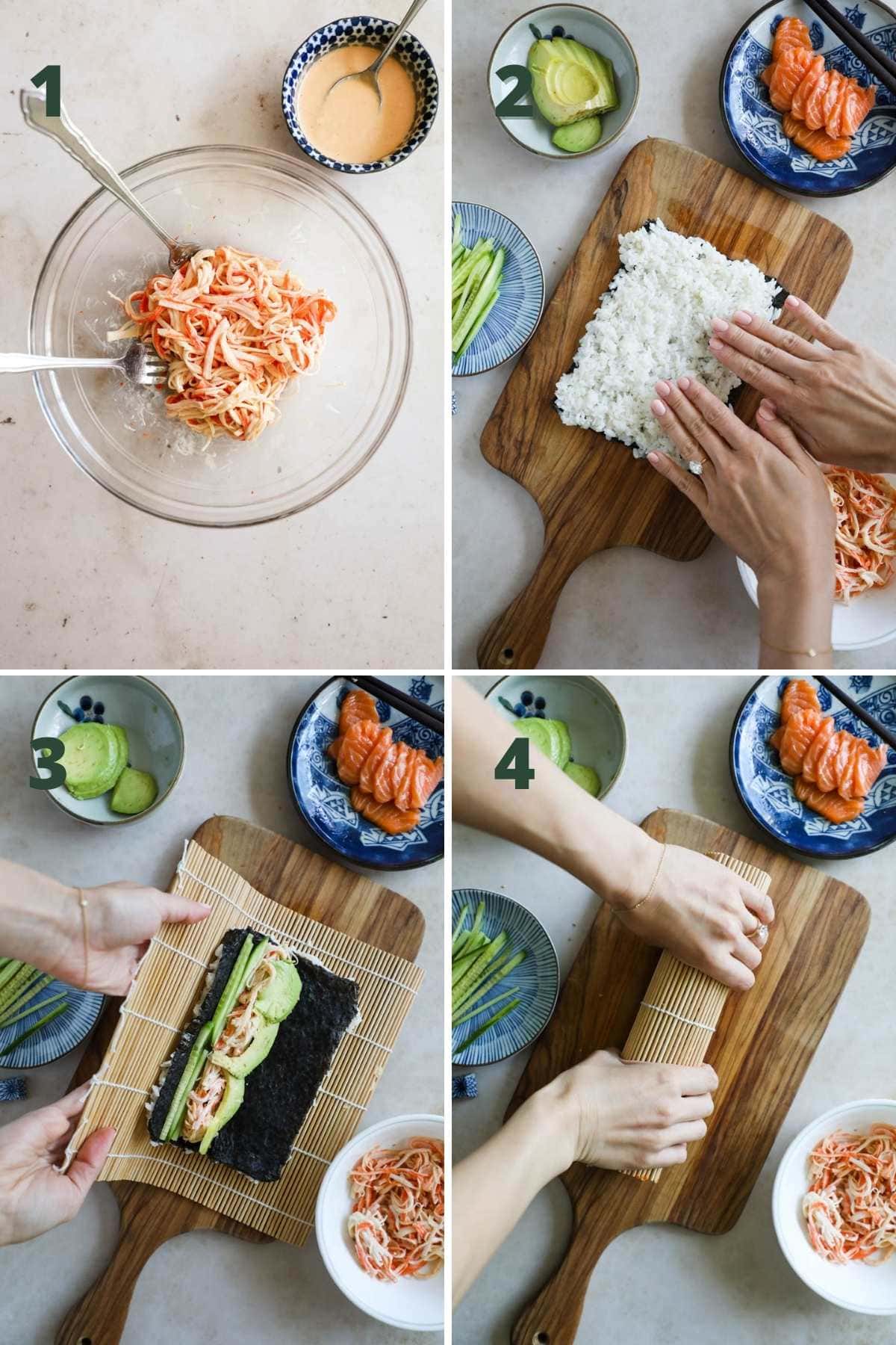 Steps to make an Alaska sushi roll, include kani with kewpie mayo, rice, and rolling avocado and cucumber.