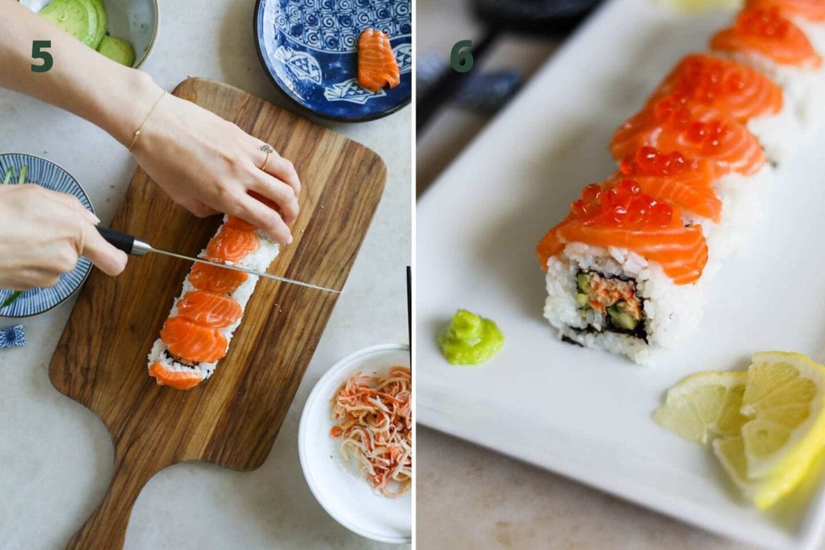 Steps to make an Alaska sushi roll, including topping with salmon and slicing.