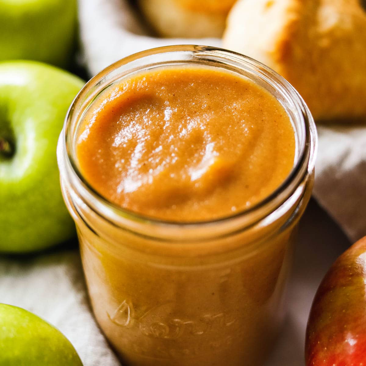 Closeup of easy cinnamon apple curd in a jar.
