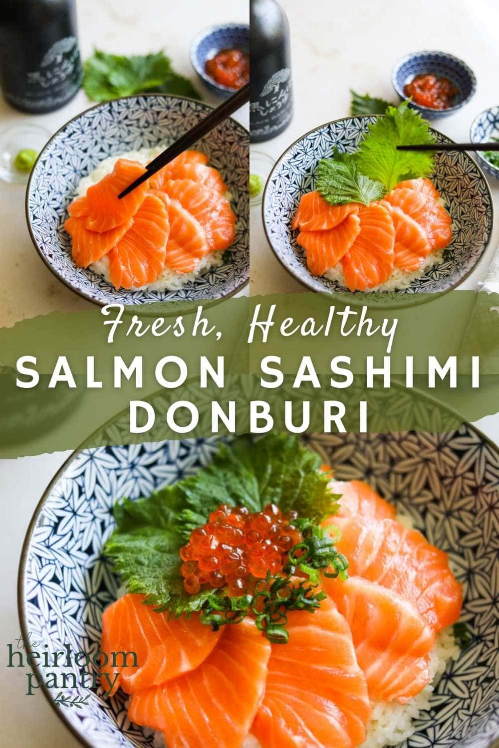 Salmon sashimi donburi rice bowl Pinterest pin.
