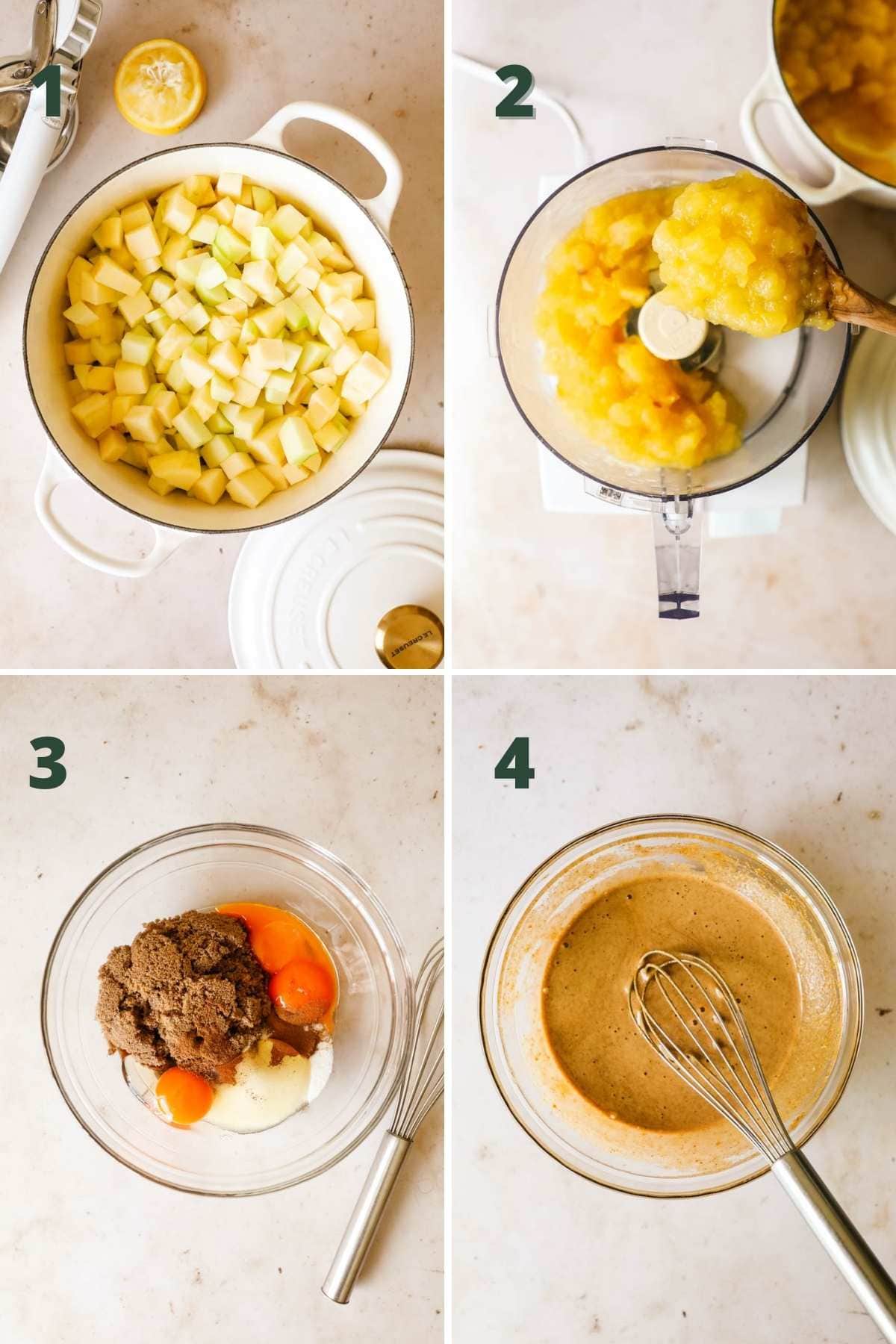 Steps to make apple curd, including cooking the apples, pureeing apples, and mixing sugar with eggs and cinnamon.