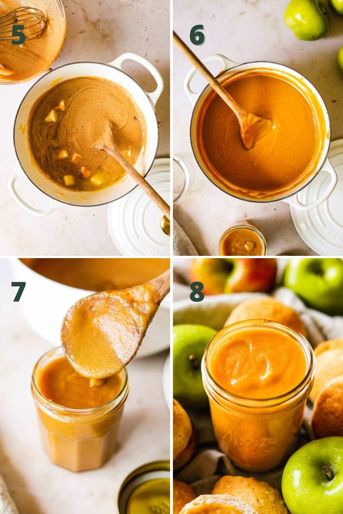 Steps to make easy apple curd, including mixing butter in apples and sugar and pouring the curd into jars.