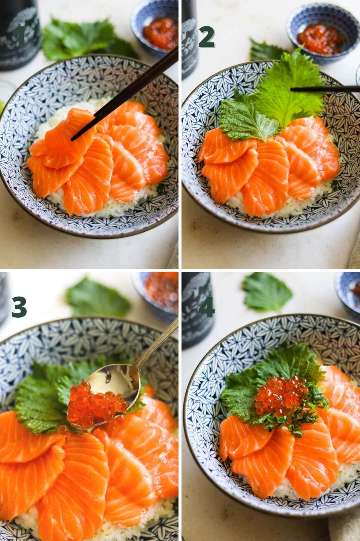 Steps to make salmon sashimi donburi rice bowl.