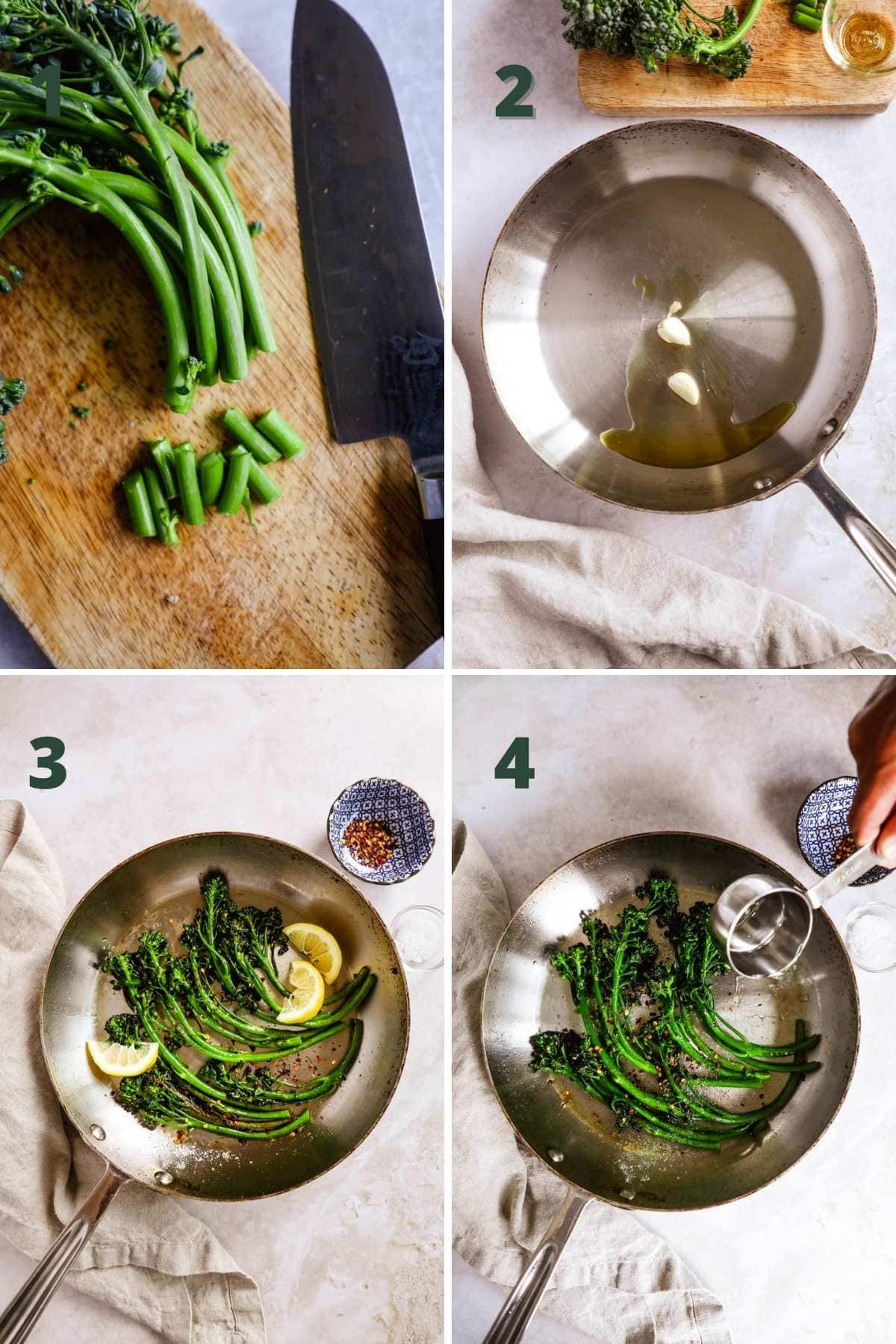 Steps to make Sautéed Broccolini (Broccoletti), including cooking the broccolini in a pan and steaming the broccolini.