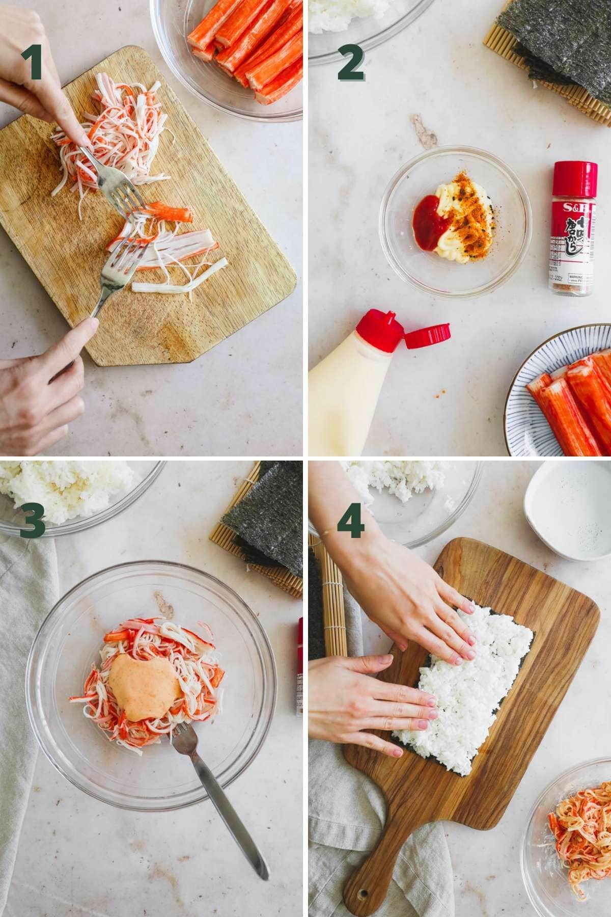 Steps to make spicy kani roll, including shredding the crab, making the spicy kewpie mayo, and mixing it in the crab.