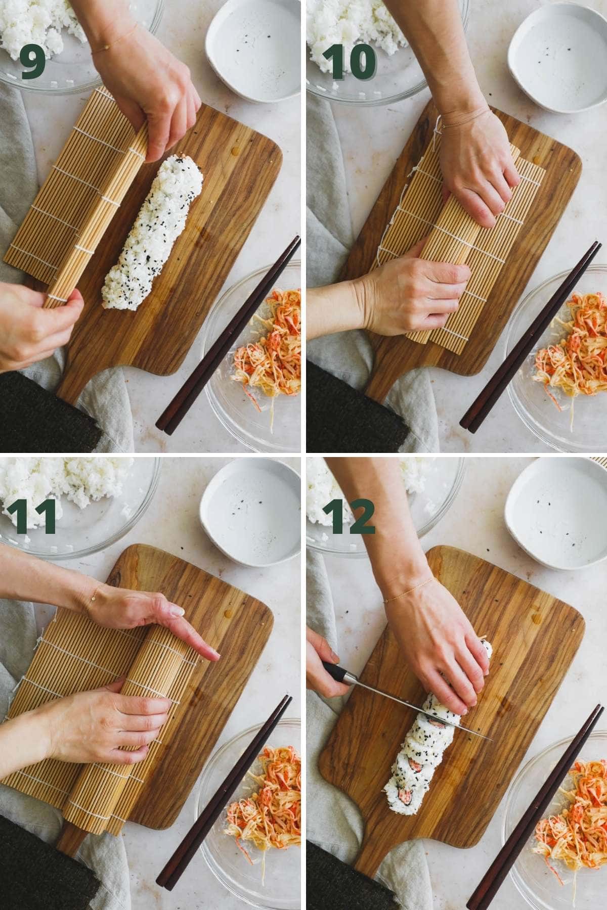 Easy steps to make spicy kani roll, including forming the roll with a bamboo sushi mat and slicing with a knife.
