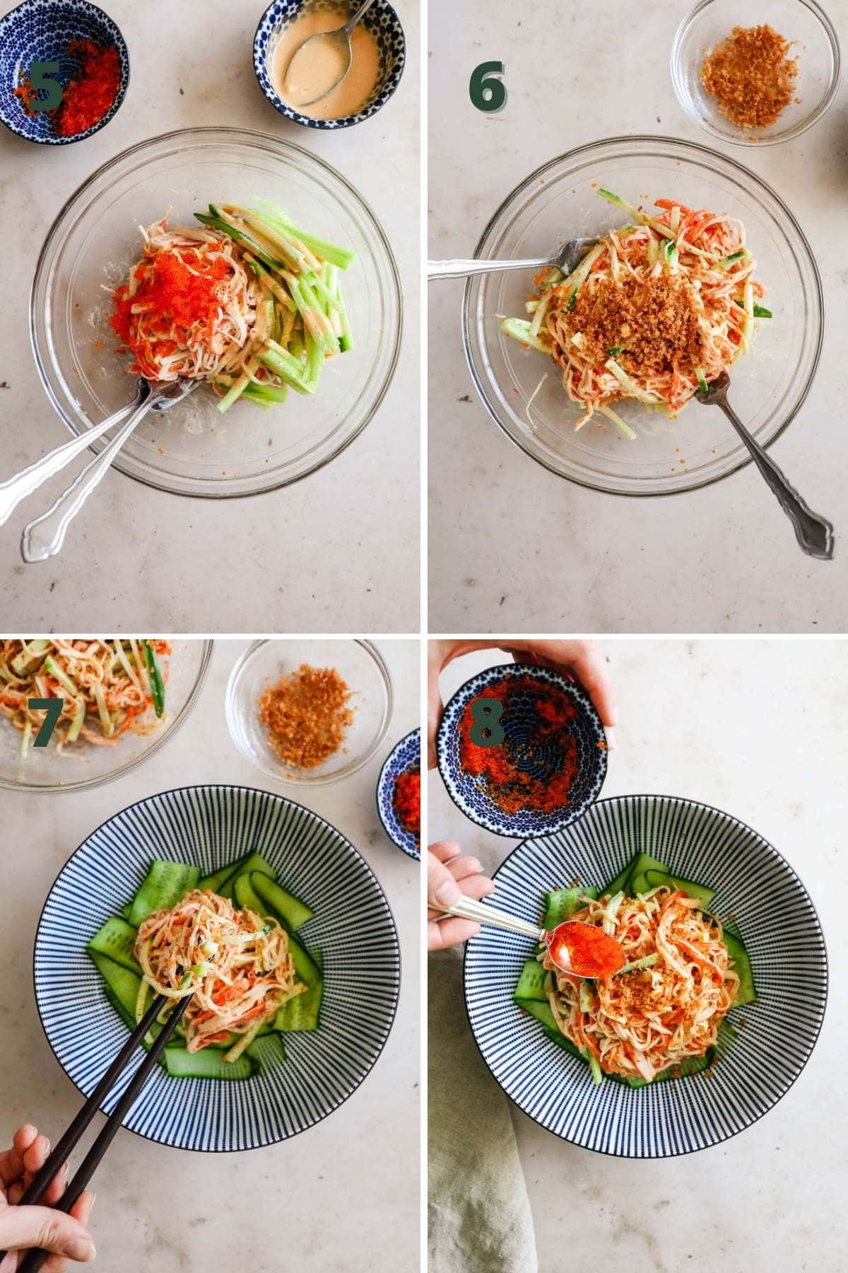 Easy steps to make Spicy Kani Salad, including adding tobiko, mayo, cucumber, and panko into mixture.