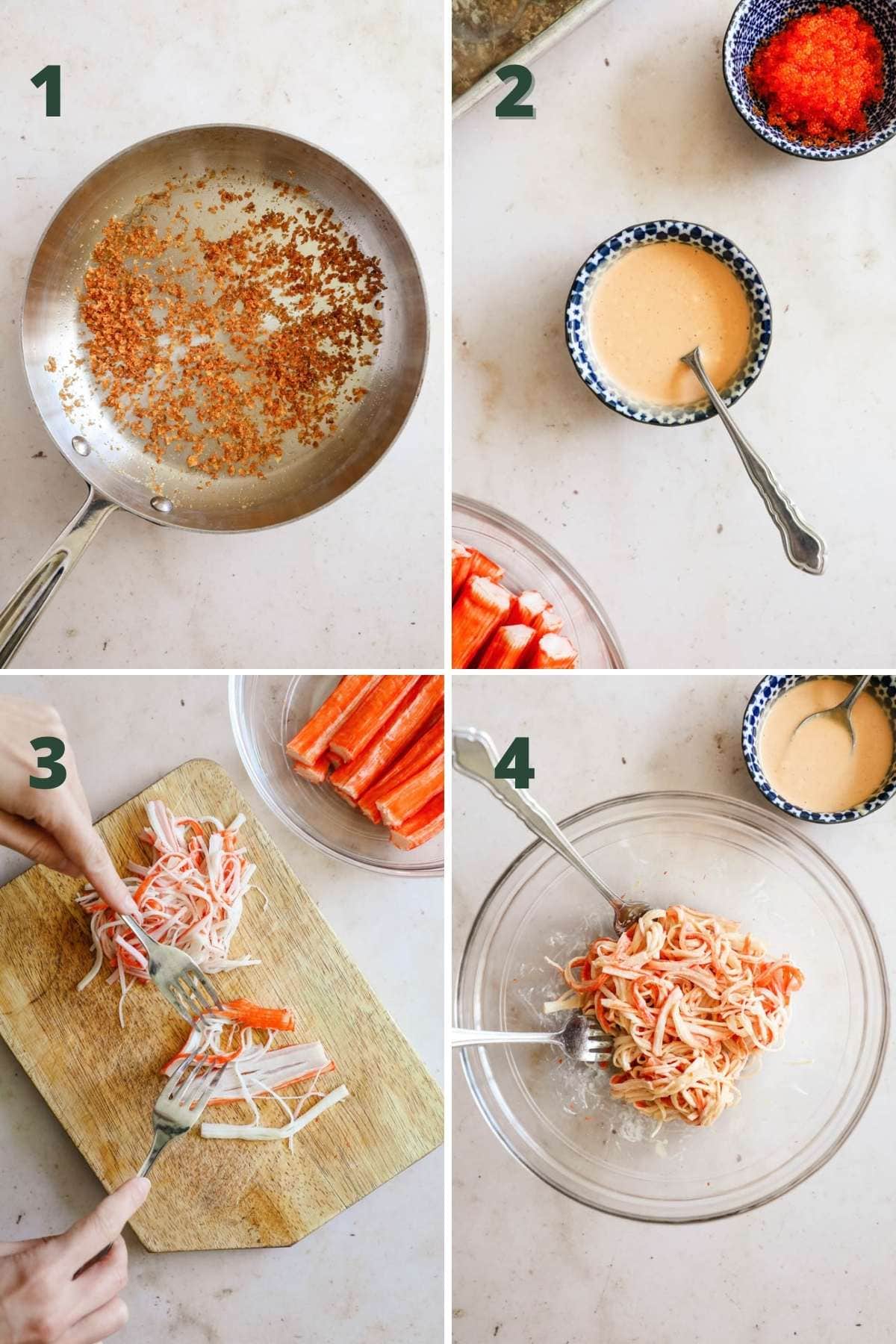 Easy steps to make Spicy Kani Salad, including toasting the panko, making spicy kewpie mayo, and tossing kani with mayo.