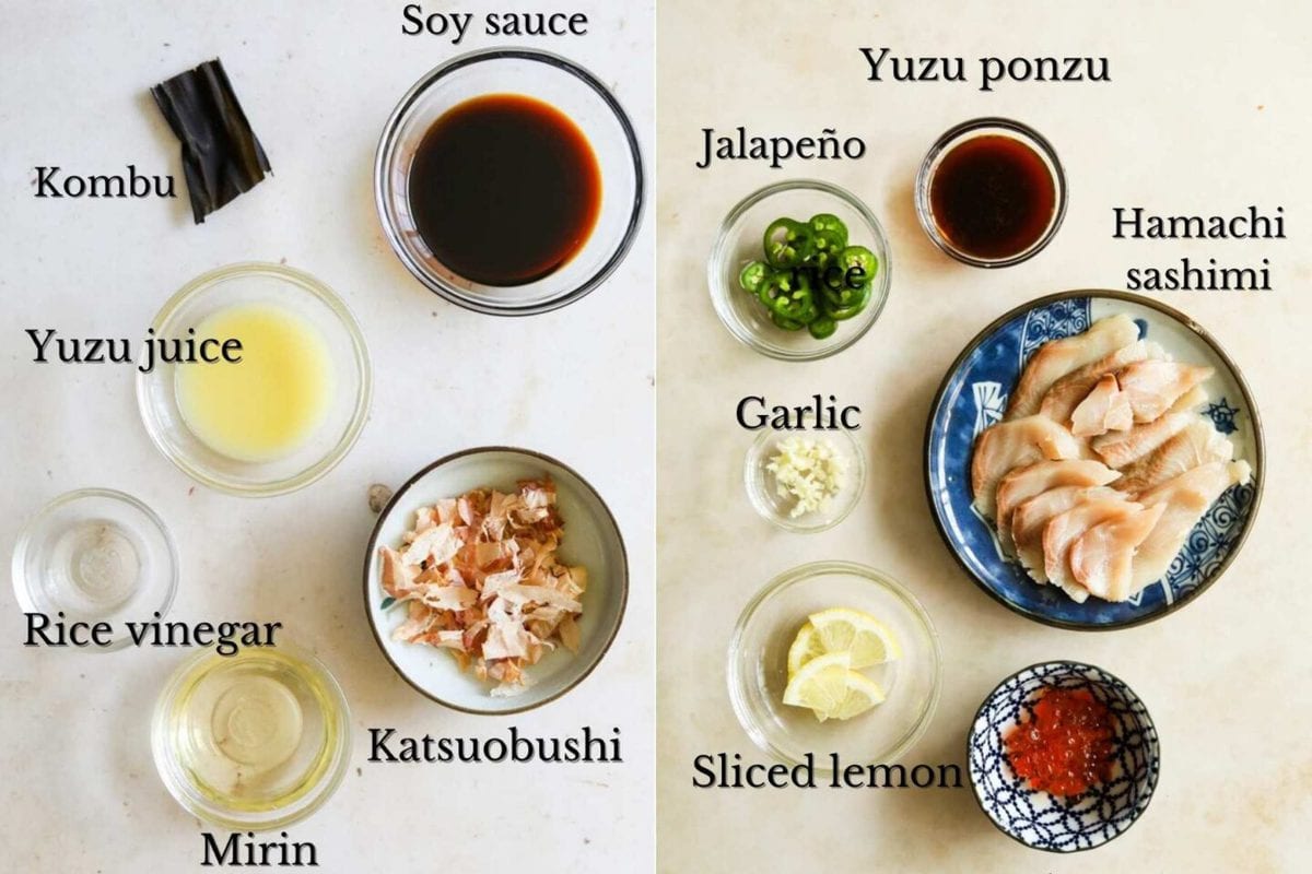 Ingredients for hamachi crudo (yellowtail carpaccio) with yuzu ponzu sauce.