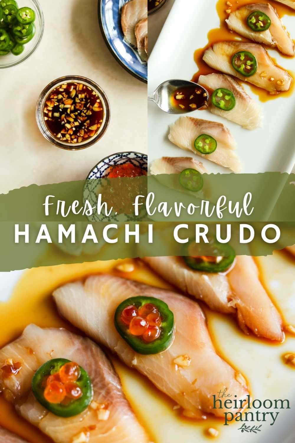 Hamachi crudo (yellowtail carpaccio) on a white plate with jalapeno, ikura, lemon, and yuzu ponzu sauce pin for Pinterest.