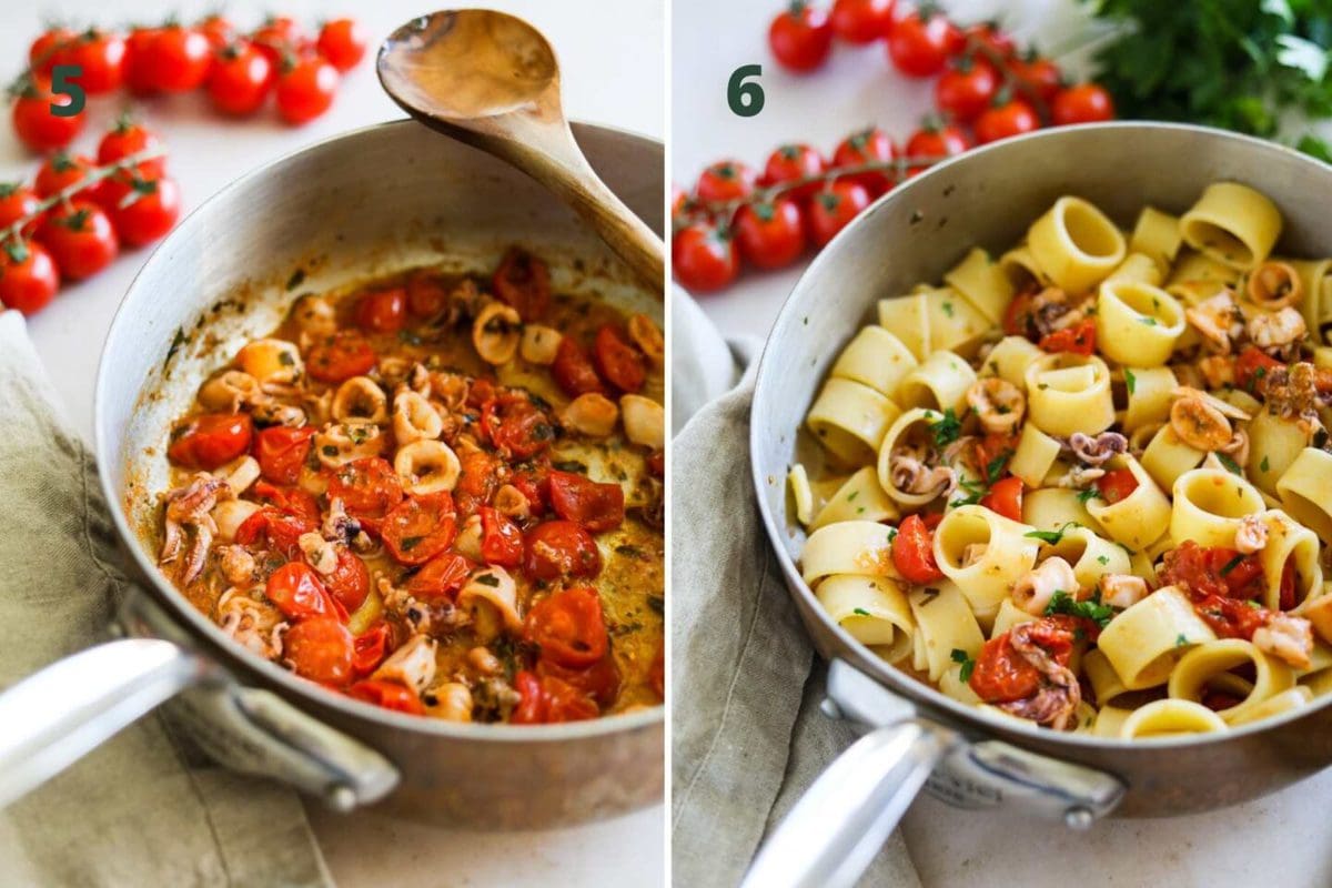 More steps to make Calamarata (calamari and tomato pasta).