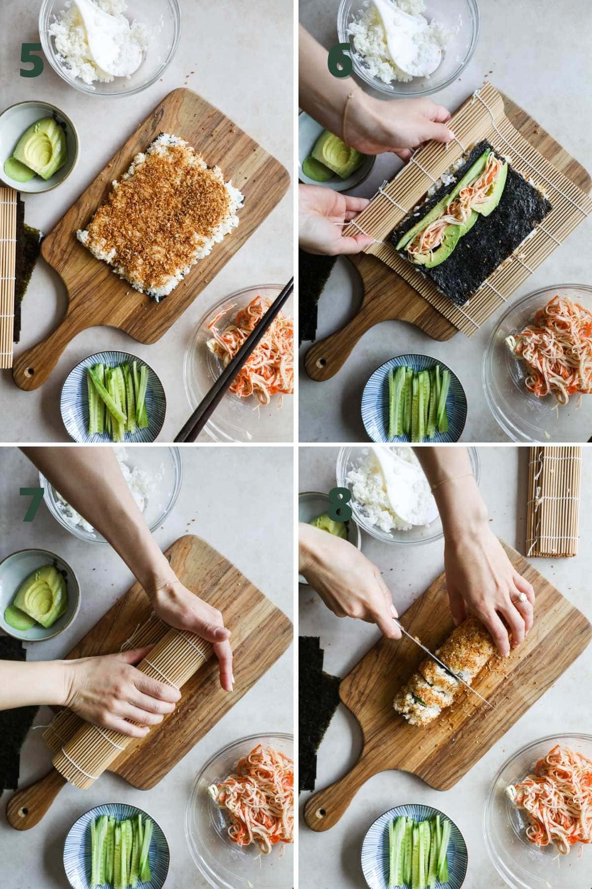 Steps to make spicy crunchy California sushi roll, including adding toasting panko, rolling ingredients, forming sushi roll with bamboo mat, and slicing the roll with a knife.