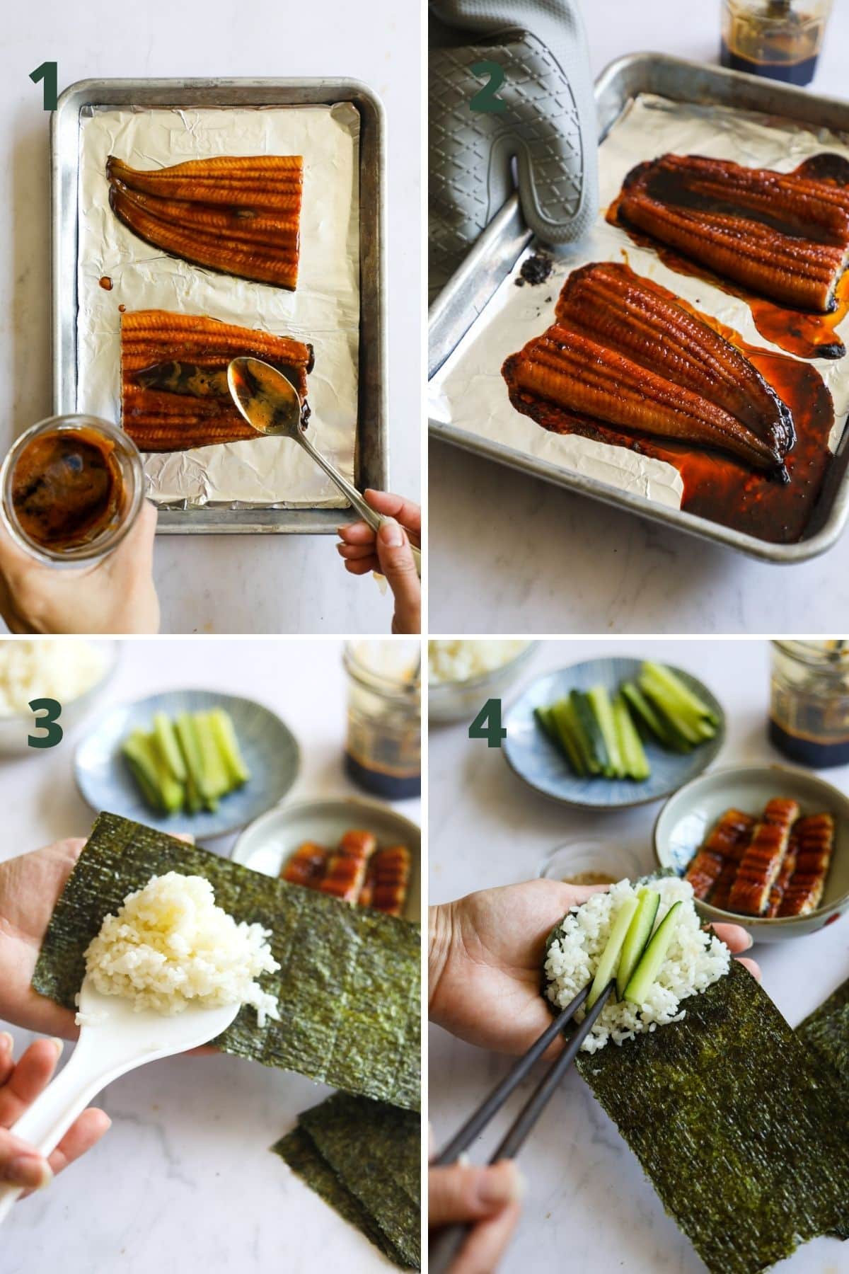 Steps to make unagi sushi (eel hand roll).