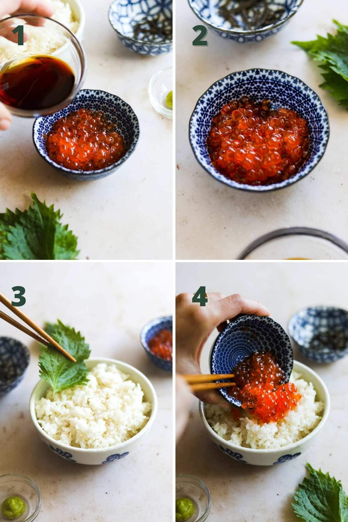 Steps to make ikura salmon roe donburi rice bowl.