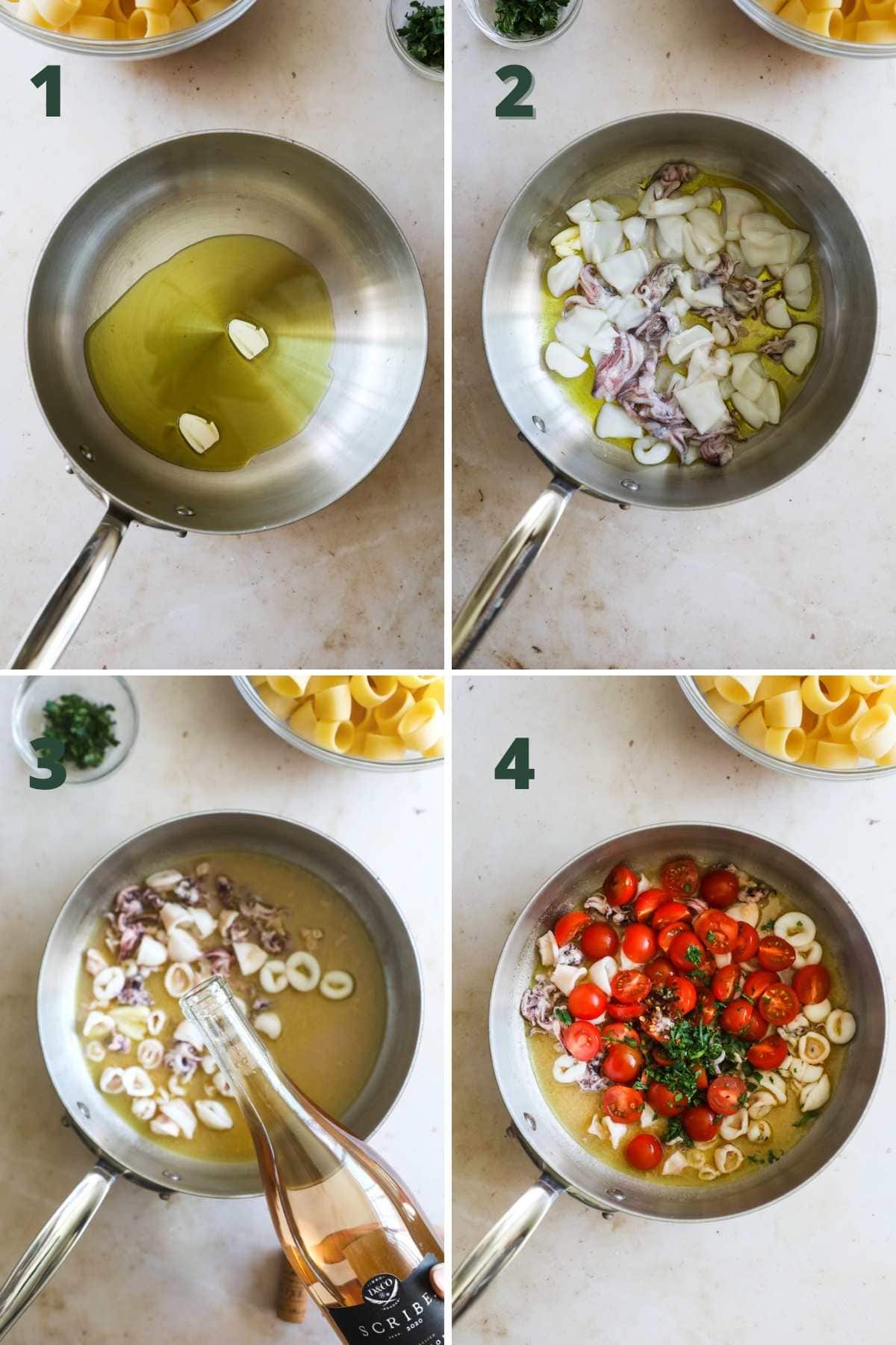 Step to make Calamarata pasta (calamari with tomato).