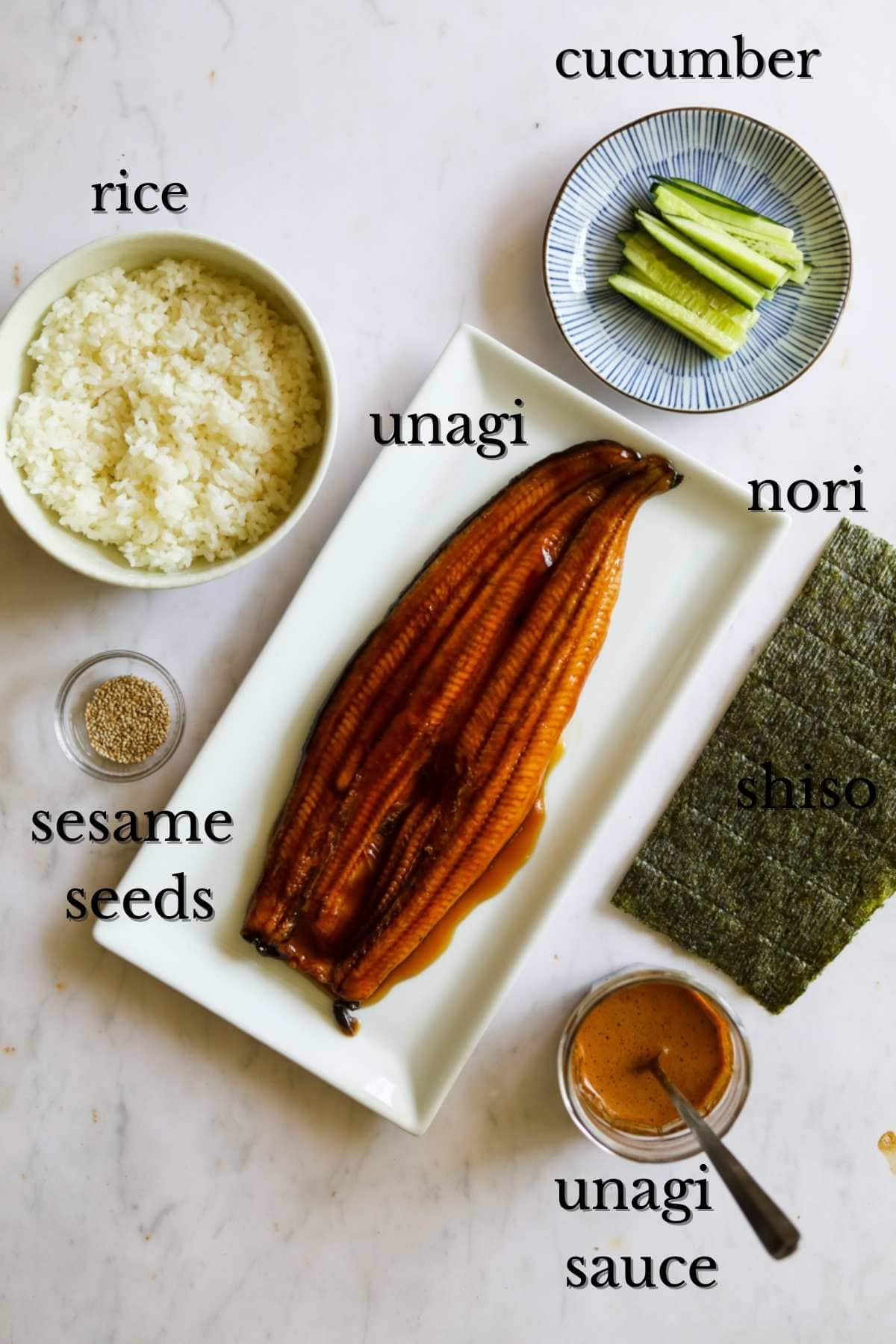 Ingredients for unagi sushi eel hand roll.