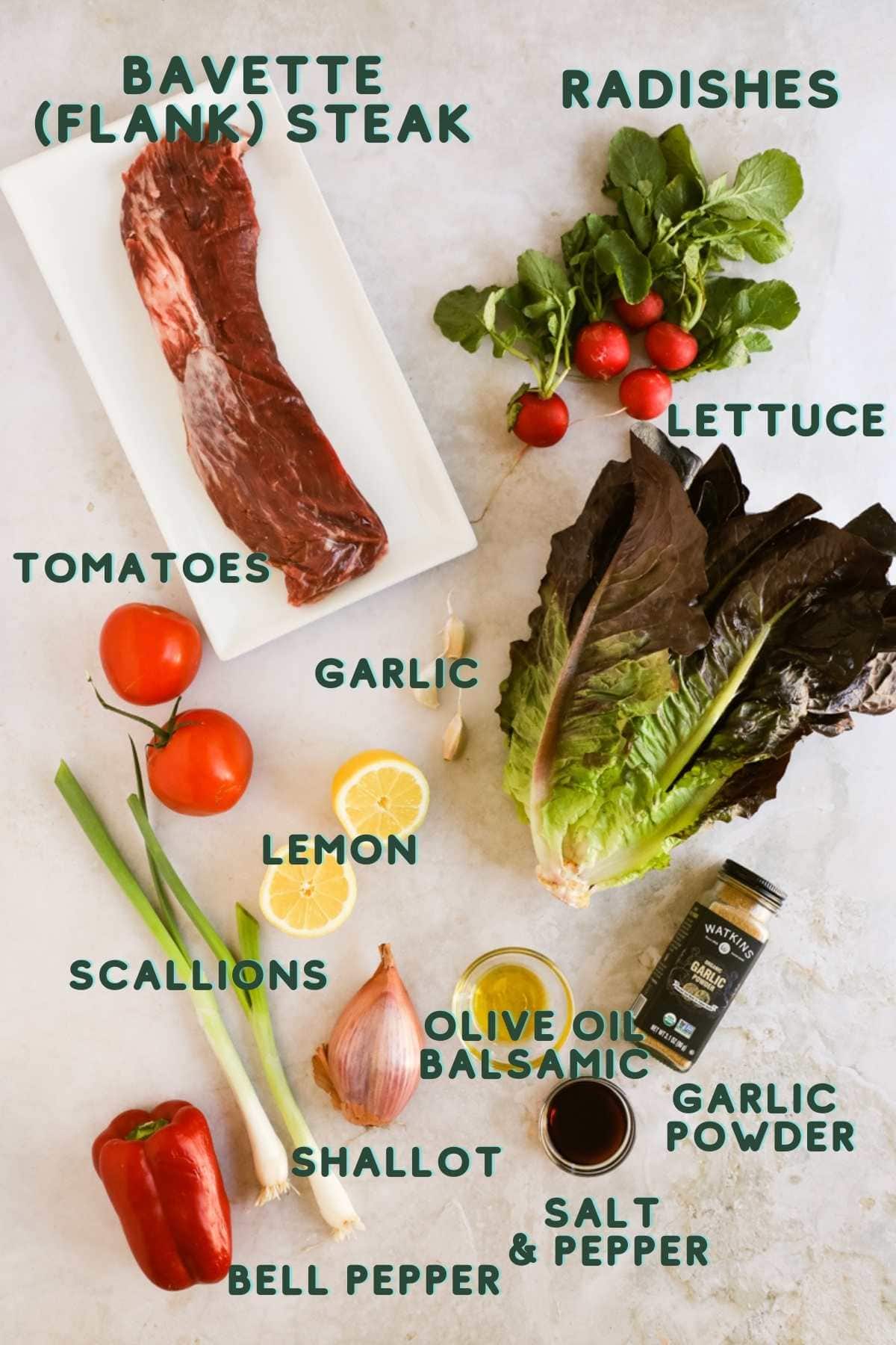 Ingredients for flank steak salad with balsamic dressing.