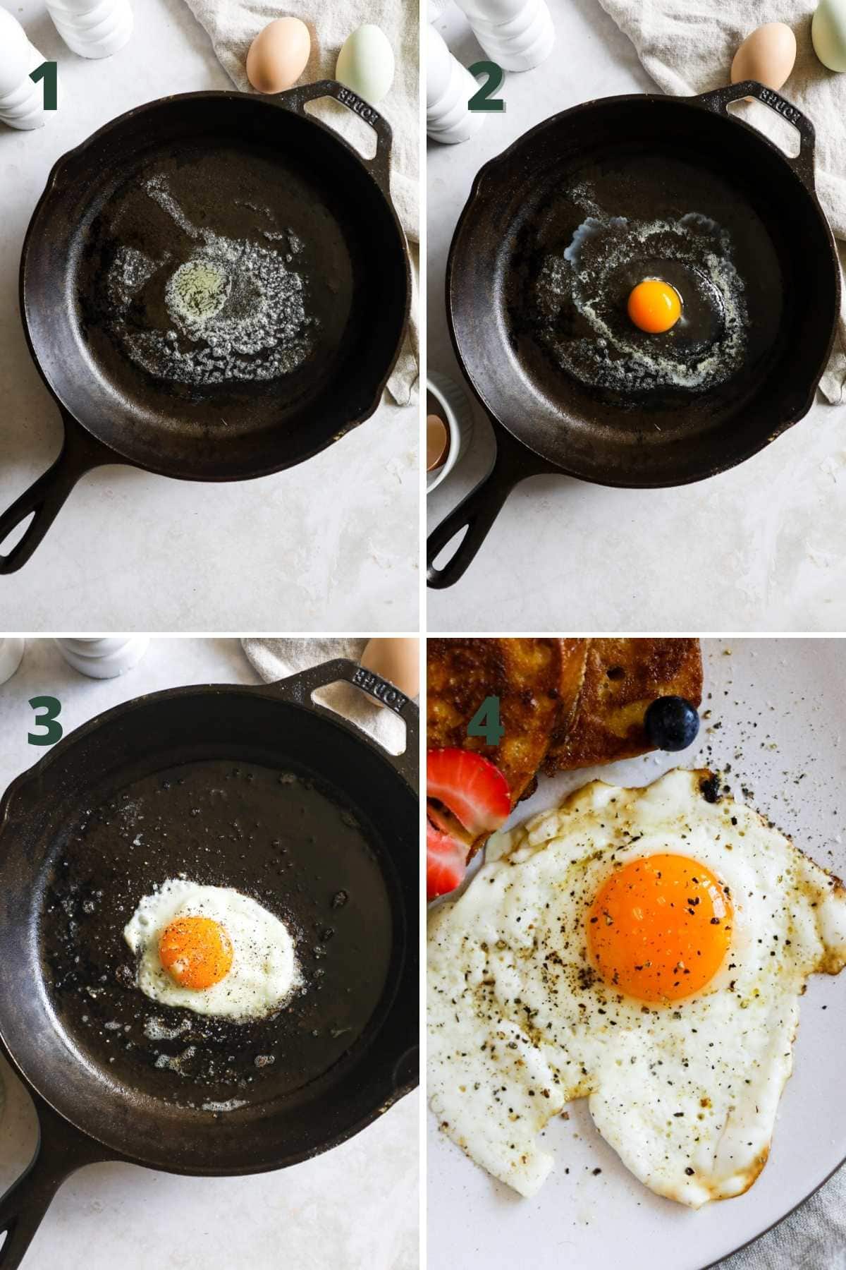 Steps to make sunny side up eggs in a cast iron skillet.