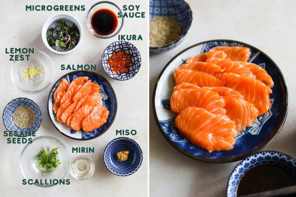 Ingredients to make miso salmon crudo (carpaccio) and a plate of fresh sashimi grade sashimi.