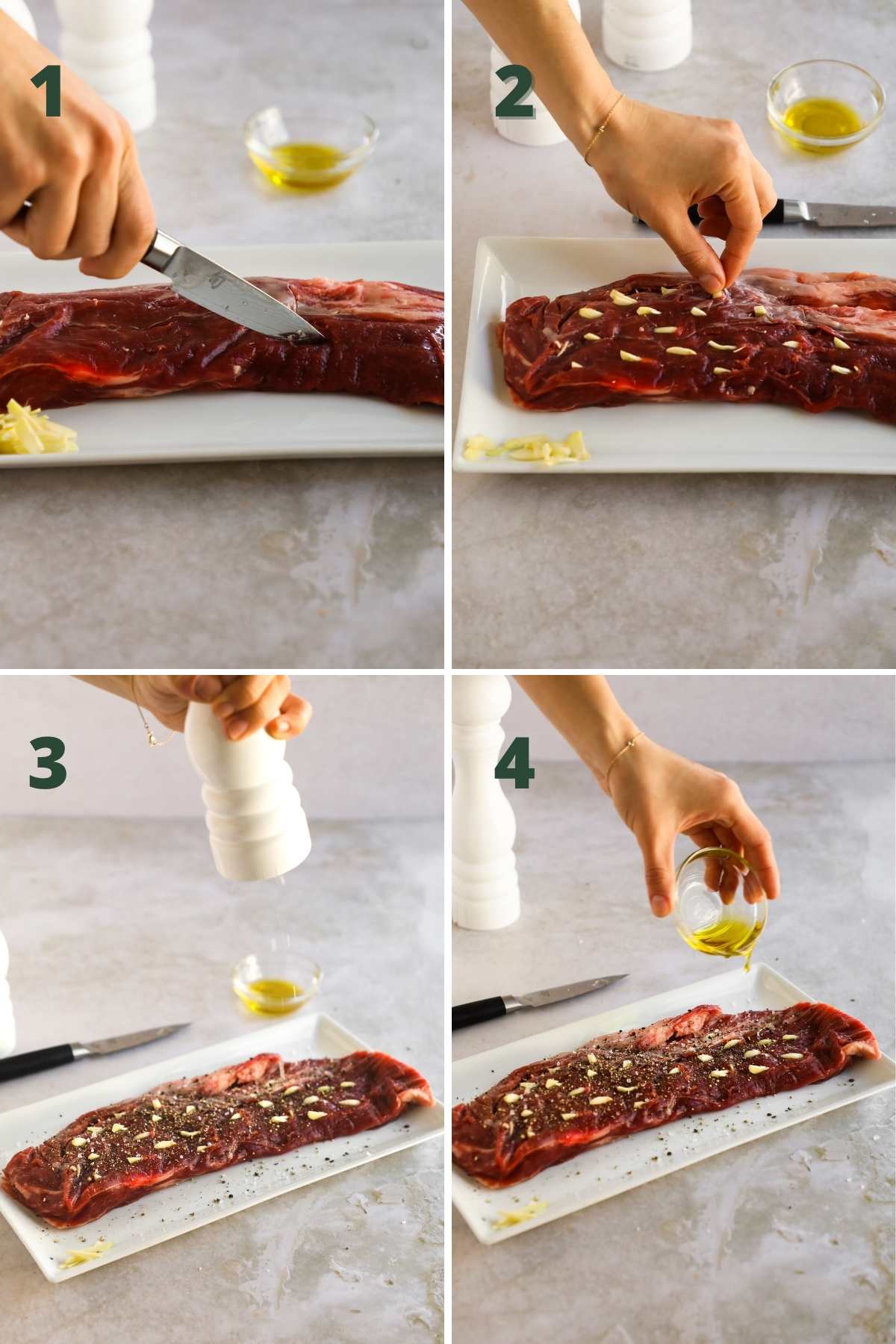 Steps to make bavette (flank) steak with garlic.