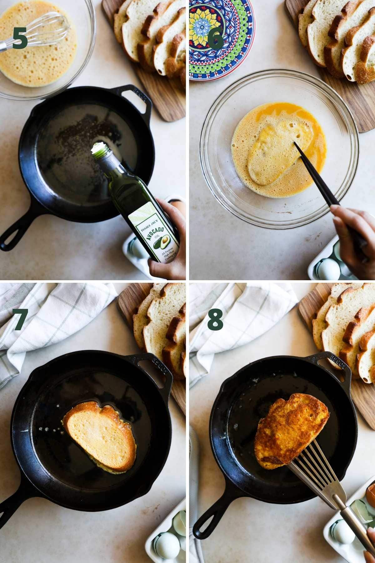 Steps to make sourdough French toast in a cast iron skillet.
