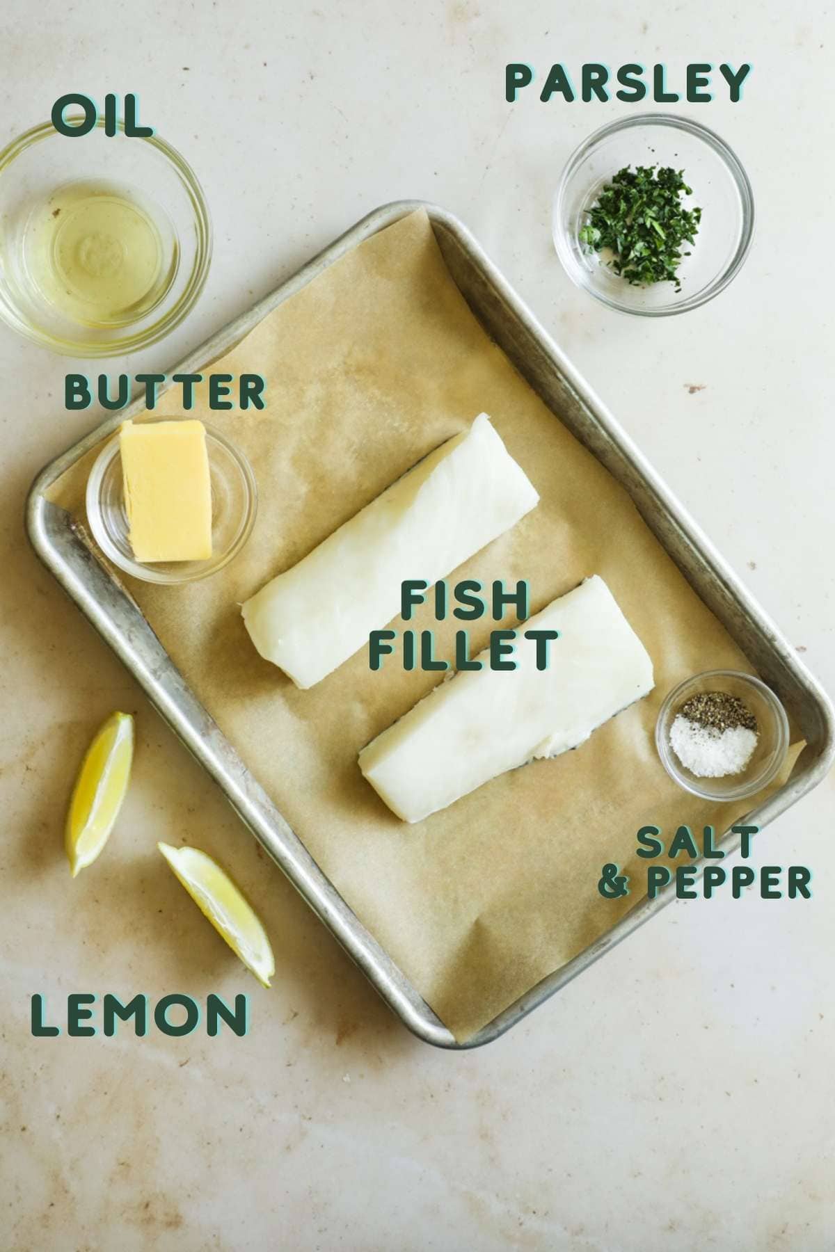 Ingredients for buttery lemon fish fillet with crispy skin, including butter, oil, lemon, parsley, salt, pepper, chilean sea bass.